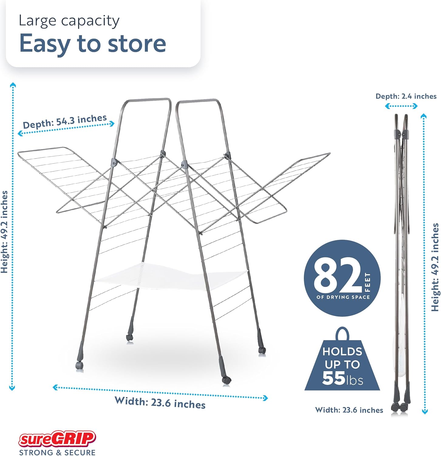 Minky Homecare Premium SureGrip Multidryer Indoor and Outdoor Clothes Drying Rack, Lightly Textured Non Slip Rungs, 82 Ft. of Drying Space, Gunmetal Gray