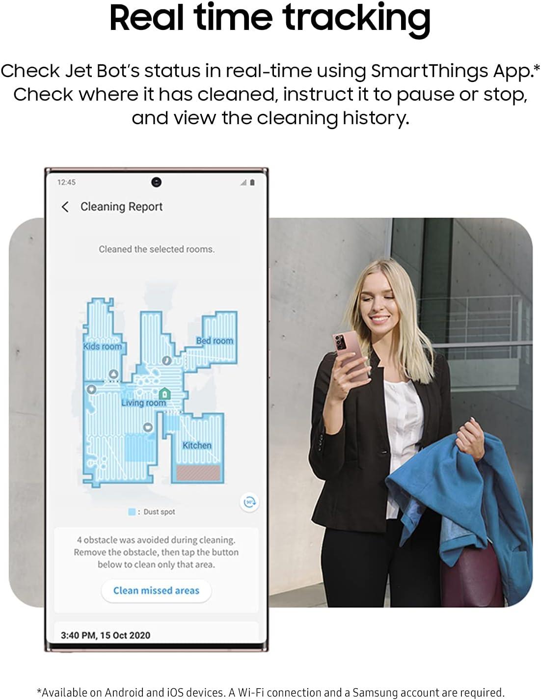 SAMSUNG Jet Bot+ Robot Vacuum Cleaner w/ Clean Station, Automatic Emptying, Precision Cleaning, 5-Layer Filter, Intelligent Power Control for Hardwood Floors, Carpets, Area Rugs, VR30T85513W/AA, White