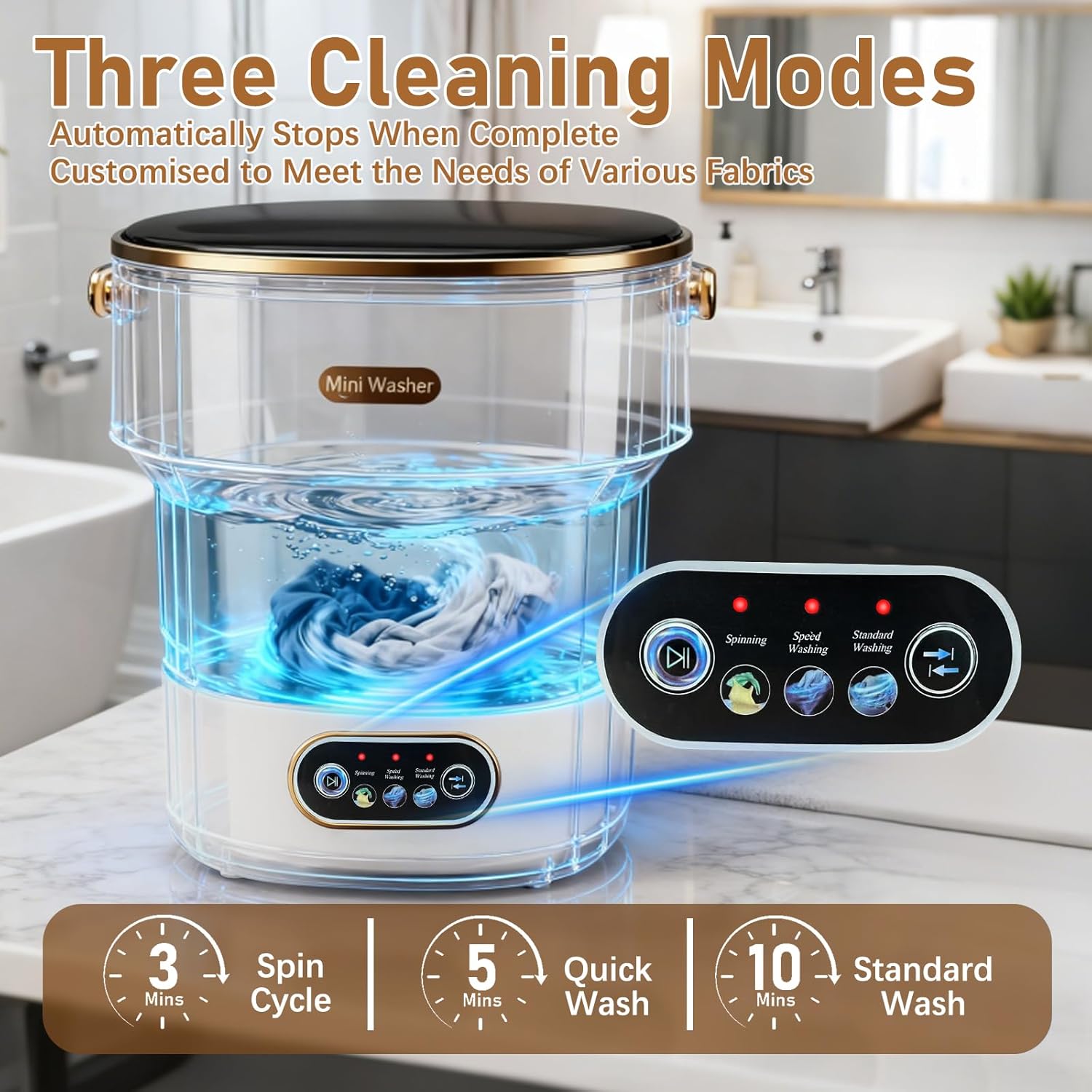 Portable Washing Machine, 13L Mini Washer and Spinner, 3 Cleaning Modes for Baby Clothes & Delicates, Small Portable Washer for Apartment, Dorm, Travel, Camping (Khaki)