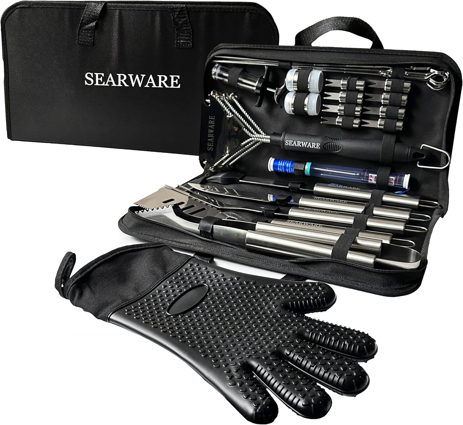 Barbecue Grill Tool Set - Stainless Steel - Strong Durable Design - Heat Resistant Glove & Bristle Free Grill Brush - Thermometer, Meat Injector, & Corn Skewers - Perfect For Smokers & Grills