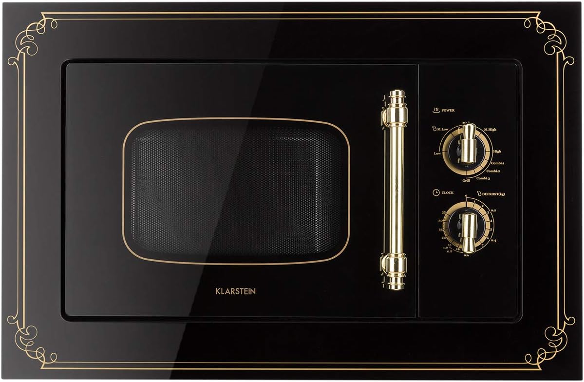 Klarstein Victoria 20 Built-in Microwave, Retro Design, 20L, 800W Microwave/1000W Grill Power, 3 Functions, Stainless Steel, Mounting Frame, Black