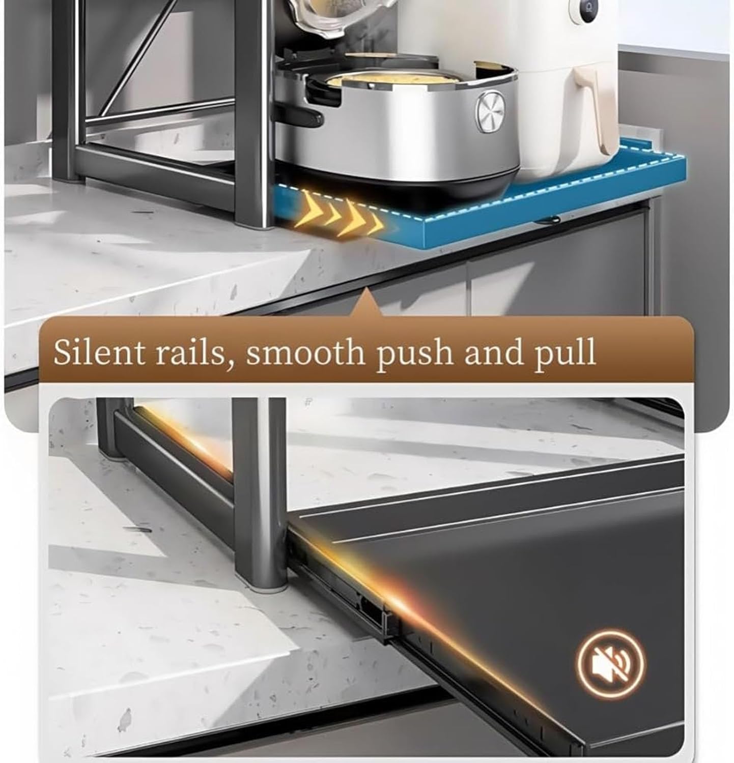 Microwave Stand 2-Tier Adjustable Kitchen Counter Oven Shelf With Pull-Out Tray, Metal Countertop Storage Rack With 6 Hooks Rice Cooker Stand Organizer(Gray,L:22.8