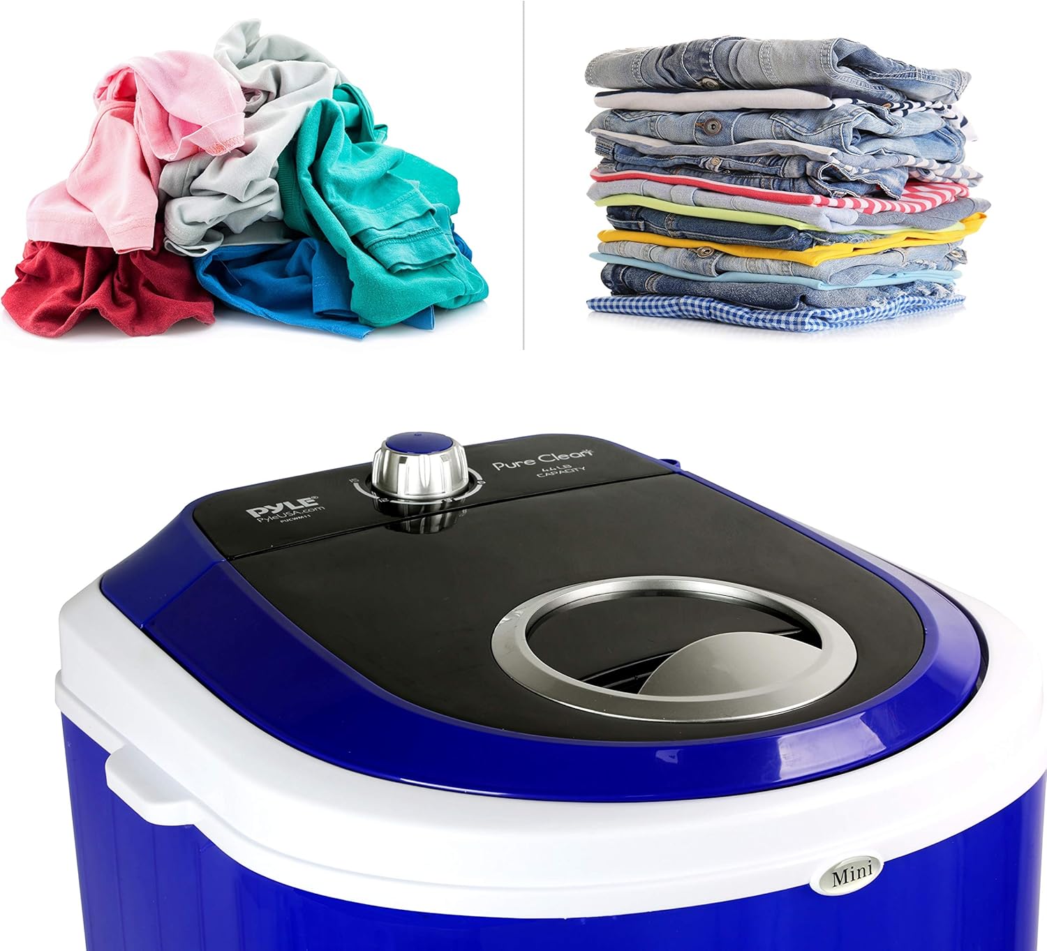 Pyle Upgraded Version Portable Washer - Top Loader Portable Laundry, Mini Washing Machine, Quiet Washer, Rotary Controller, 110V - for Compact Laundry, 4.5 Lbs. Capacity, Translucent Tubs - PUCWM11.5