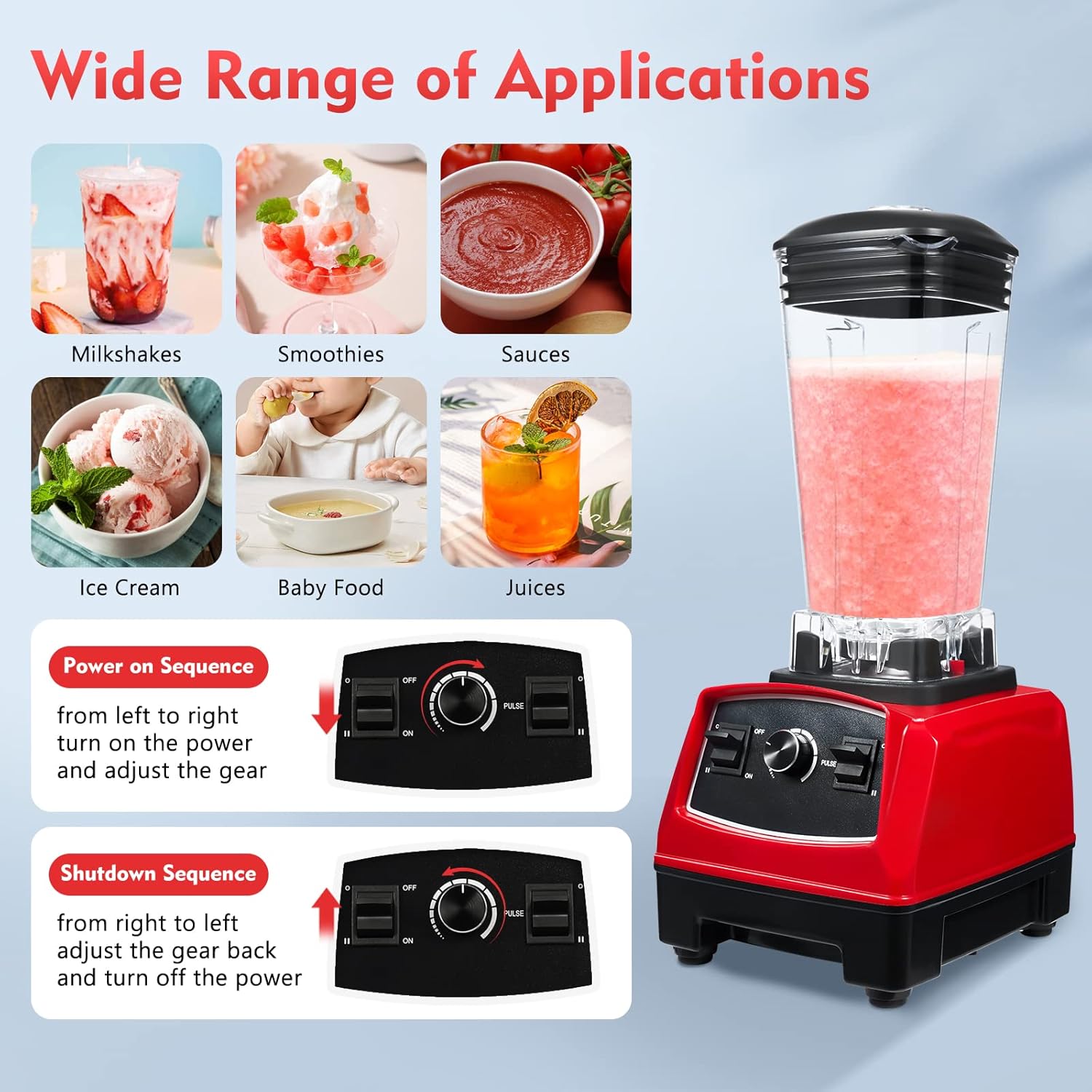 2200W 110V Professional Power Blender,Countertop Smoothie Mixer, 2L Heavy Duty Blender,Juicer,Adjustable Speed Food Fruit Ice Crushing Machine for Home Bar Restaurant Hotel Cafe,Red