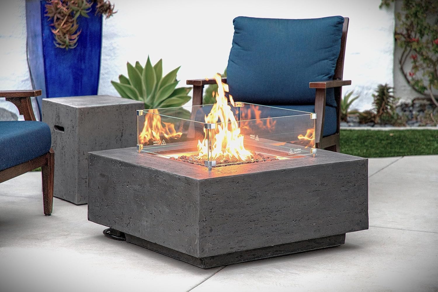 AMS Creations | Albany 36 inches Square Propane Gas Outdoor Fire Pit Table | Concrete GFRC Fire Pit Table | with SS Lid, Canvas Cover, Tank Cover, Lava Rock and Wind Guard Included