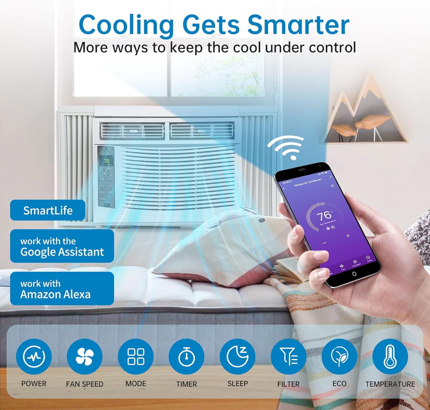 6000-BTU Window Air Conditioner, Wi-Fi Enabled, Up to 250 Sqf, Window AC Units with Cool and Fan Functions, Washable Filter, Adjustable Window Kit, Digital Temperature Display, Remote Control