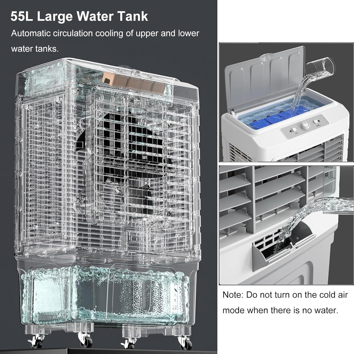 Commercial Evaporative Air Cooler Fan, Industry Humidifier, 3 in 1 Air Conditioner, Industry Air Cooler with Universal Wheel, 55L Large Water Tank, 3 Gear Adjustment