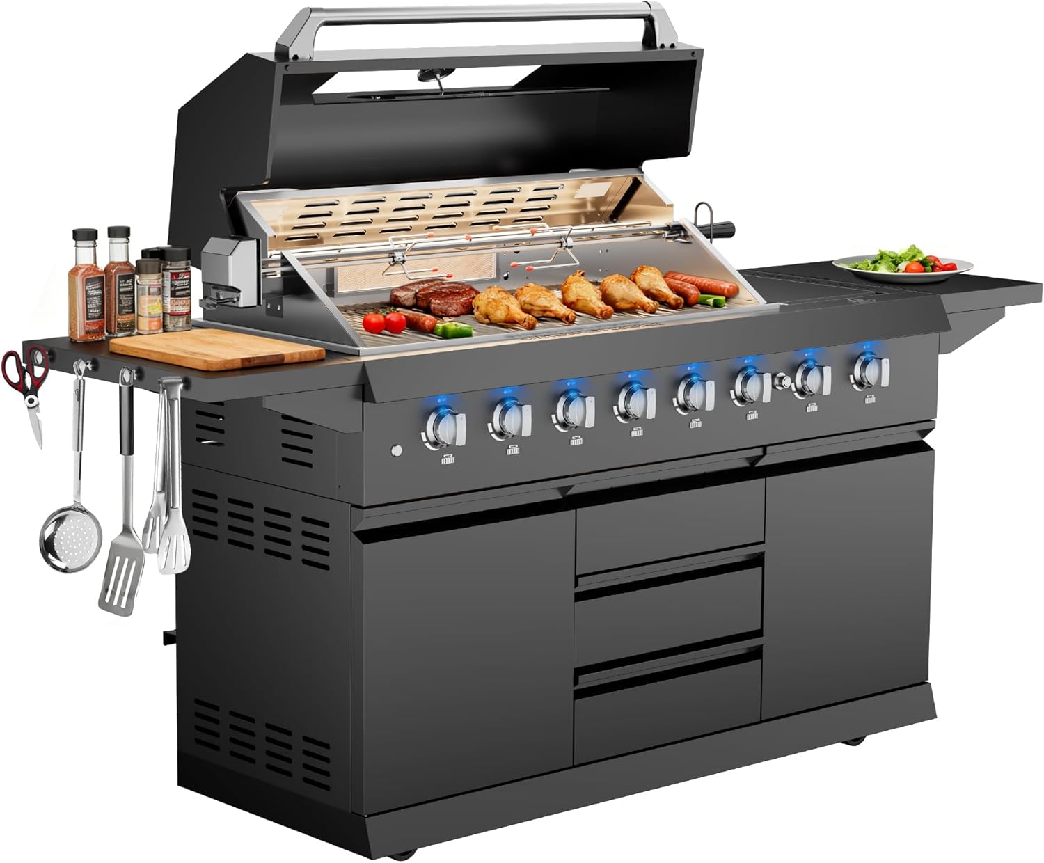 CT Copper Tailor 83-inch Outdoor Kitchen BBQ Gas Grill Island, 6 Main Burners, Infrared Rear & Side Burner,99,000 BTU, Stainless Steel, Foldable Side Table, Double Storage Cabinets & 3 Drawers