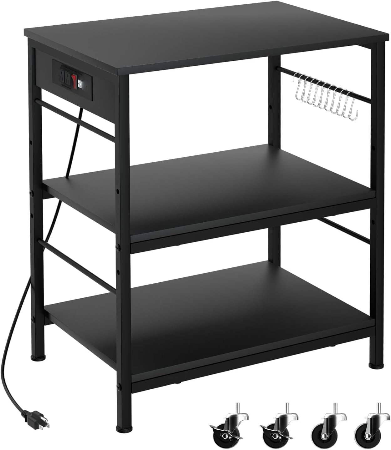 Bakers Rack with Power Outlet Microwave Shelf Stand Black Coffee Bar Table Cart 3 Tier Kitchen Carts on Wheels with Storage and 10 S-Shaped Hooks for Living Room Dining Room Office