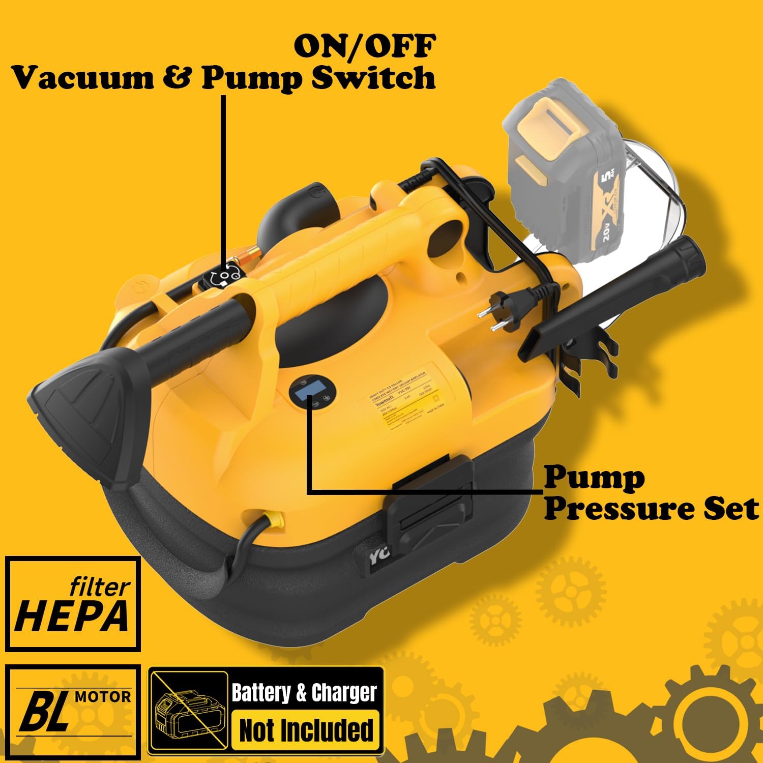 Wet Dry Shop Vacuum Cordless & Corded, Versatile Power Source with Tire Inflator and Blower Function, 2.5 Gallon Portable Vacuum for Dewalt 20V Battery, Small 3 in 1 Shop Vac (Tool Only)