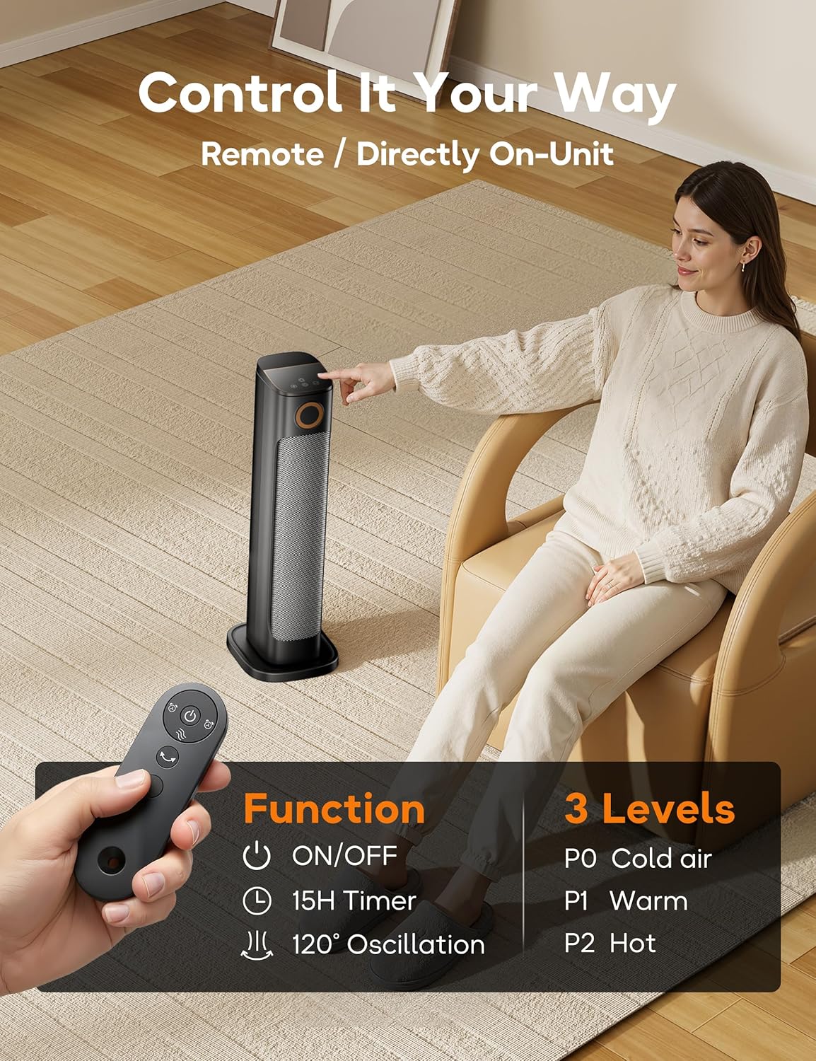 Patio Heater And Fan Combo for Indoor Use, 1500W Tower Portable Electric Space Outdoor with Remote,Infrared Heater, 15H Timer, Oscillation, Quiet, for Garage, Room, Office BLACK