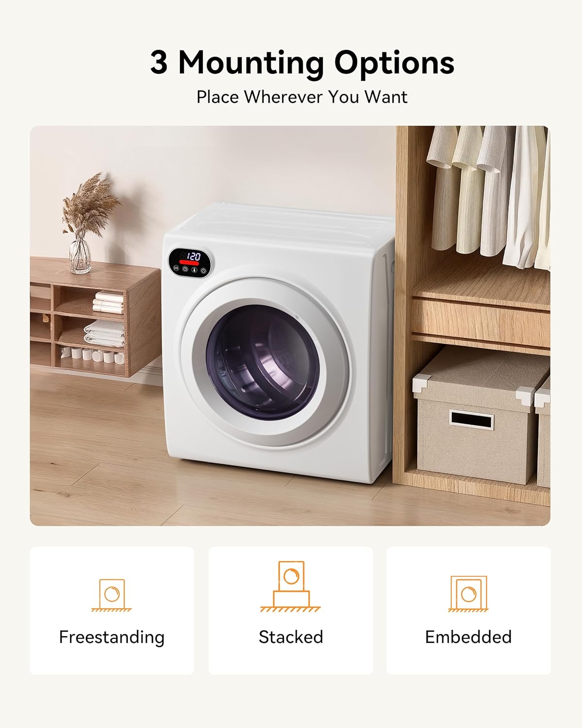 2.65 Cu.Ft Portable Dryer, 1400W Clothes Dryer with Stainless Steel Tub, LCD Touch Panel, Dryer Machine with 4-Mode for Home, Dorm, RVs