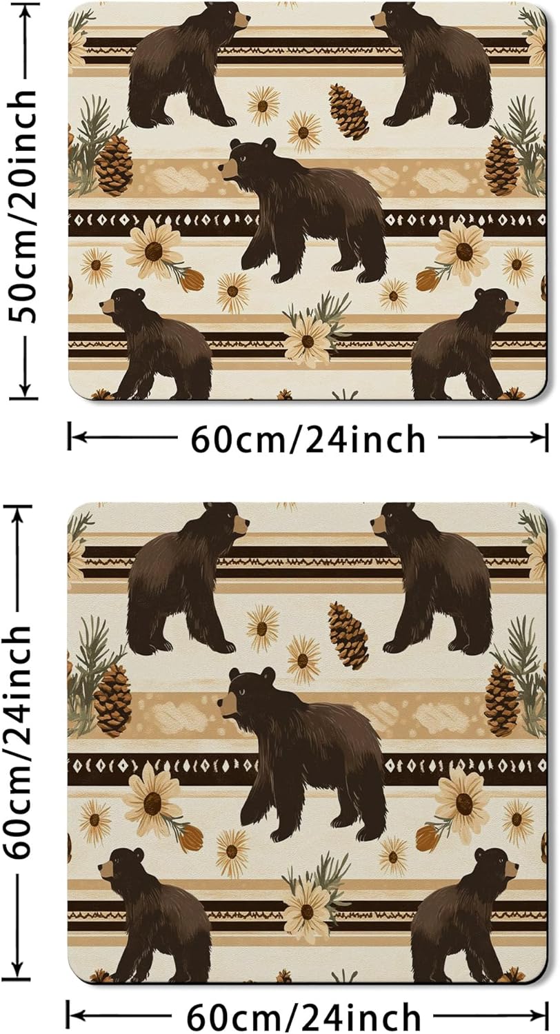 Bear Washer Dryer Top Protector Mat, Rustic Bohemian Floral Laundry Machine Dust Covers, Nature-Themed Protector for Home, Anti-slip Waterproof Washer And Dryer Mats 24x24 Inch