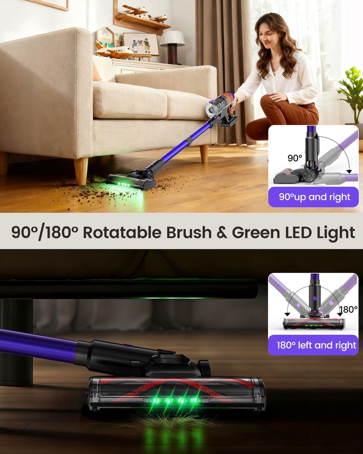 Cordless Vacuum Cleaner, 500W Vacuum Cleaners for Home Pet Hair, 60Mins Cordless Stick Vacuums with LED Display, Anti-Tangle, Lightweight Vacuum for Hard Floors, Carpet,Purple
