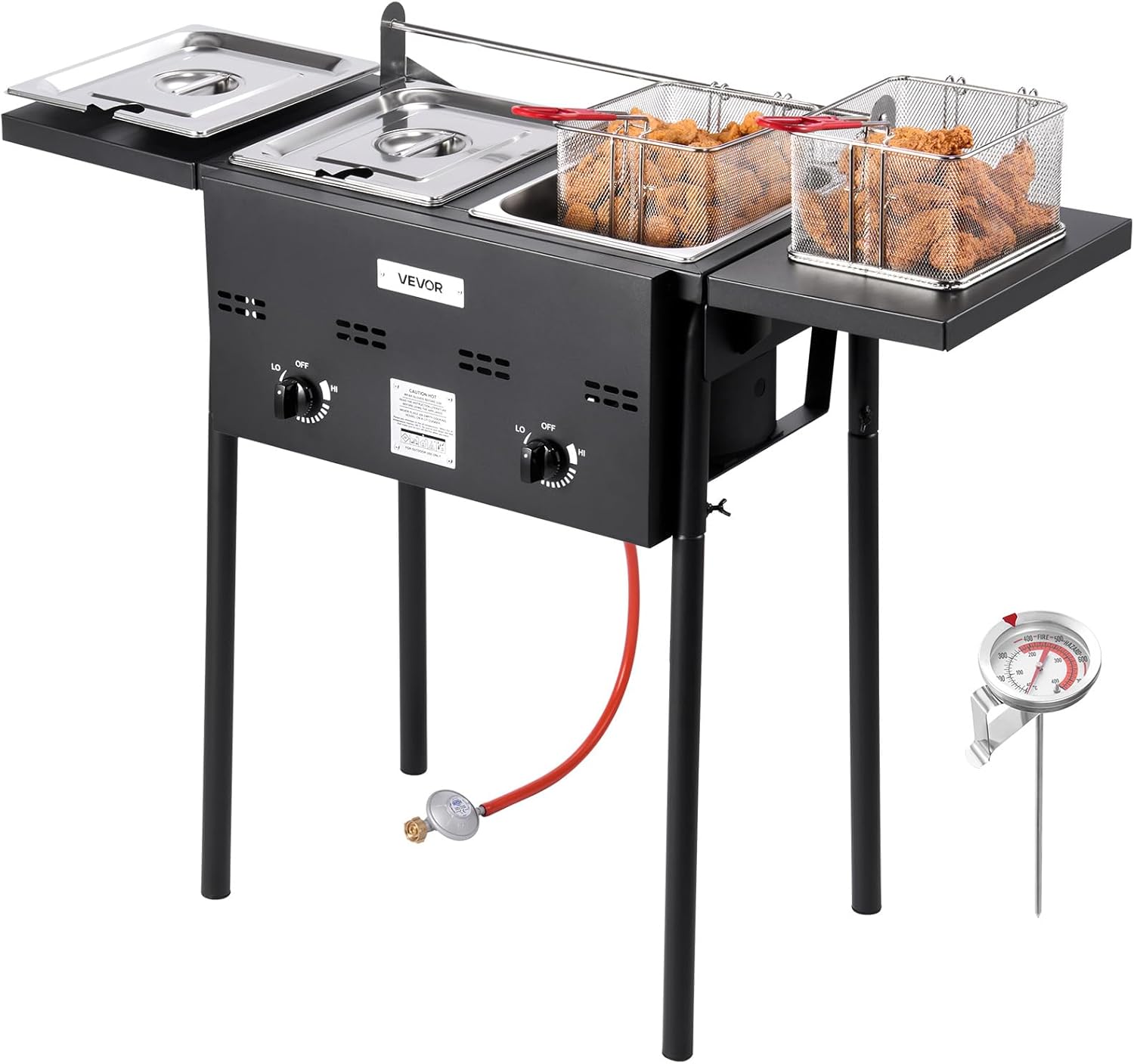 VEVOR Outdoor Propane Deep Fryer, Dual-Tank 8QTx2 Commercial Fryer, Stainless Steel Cooker with Foldable Platform, Dual Basket, and Heat Adjustment, Floor Standing Fryers for Restaurant Home Snack Bar