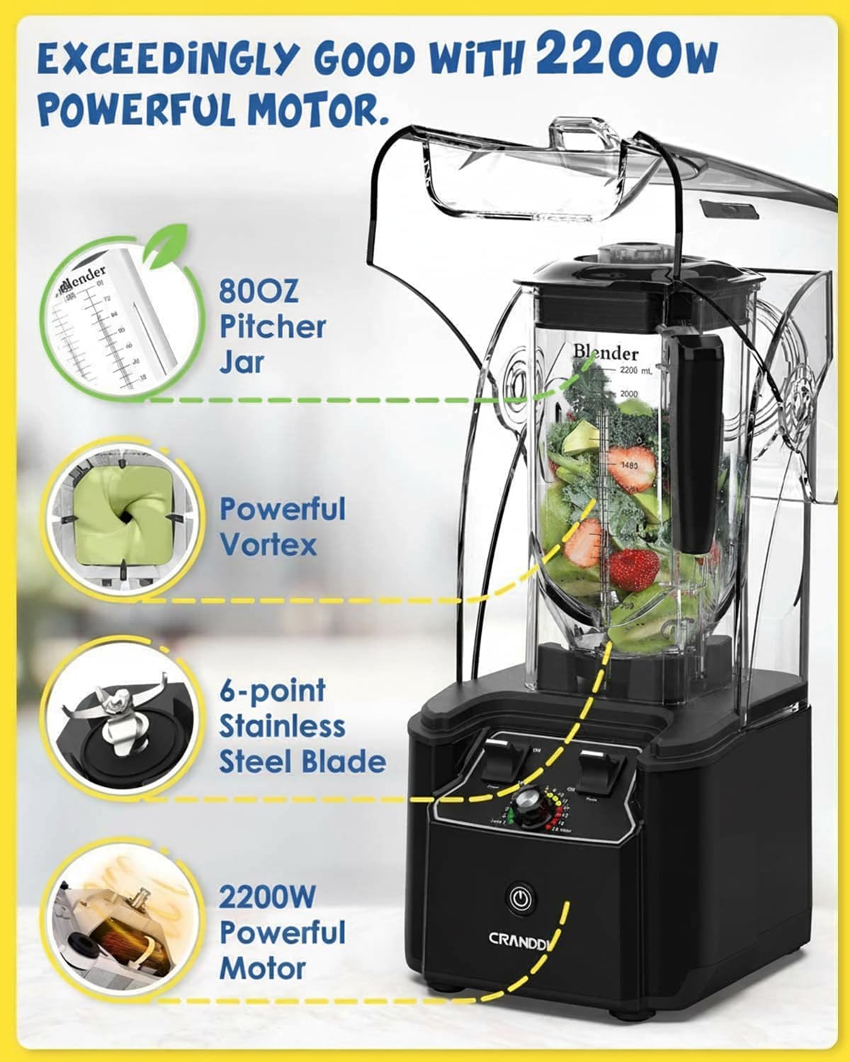 CRANDDI Commercial Quiet Blender, 2200 Watt Professional Countertop Blender with 80oz Pitcher, Built-in Pulse & 15-speeds Control, Smoothie Blender for Commercial and Home, K90 Black