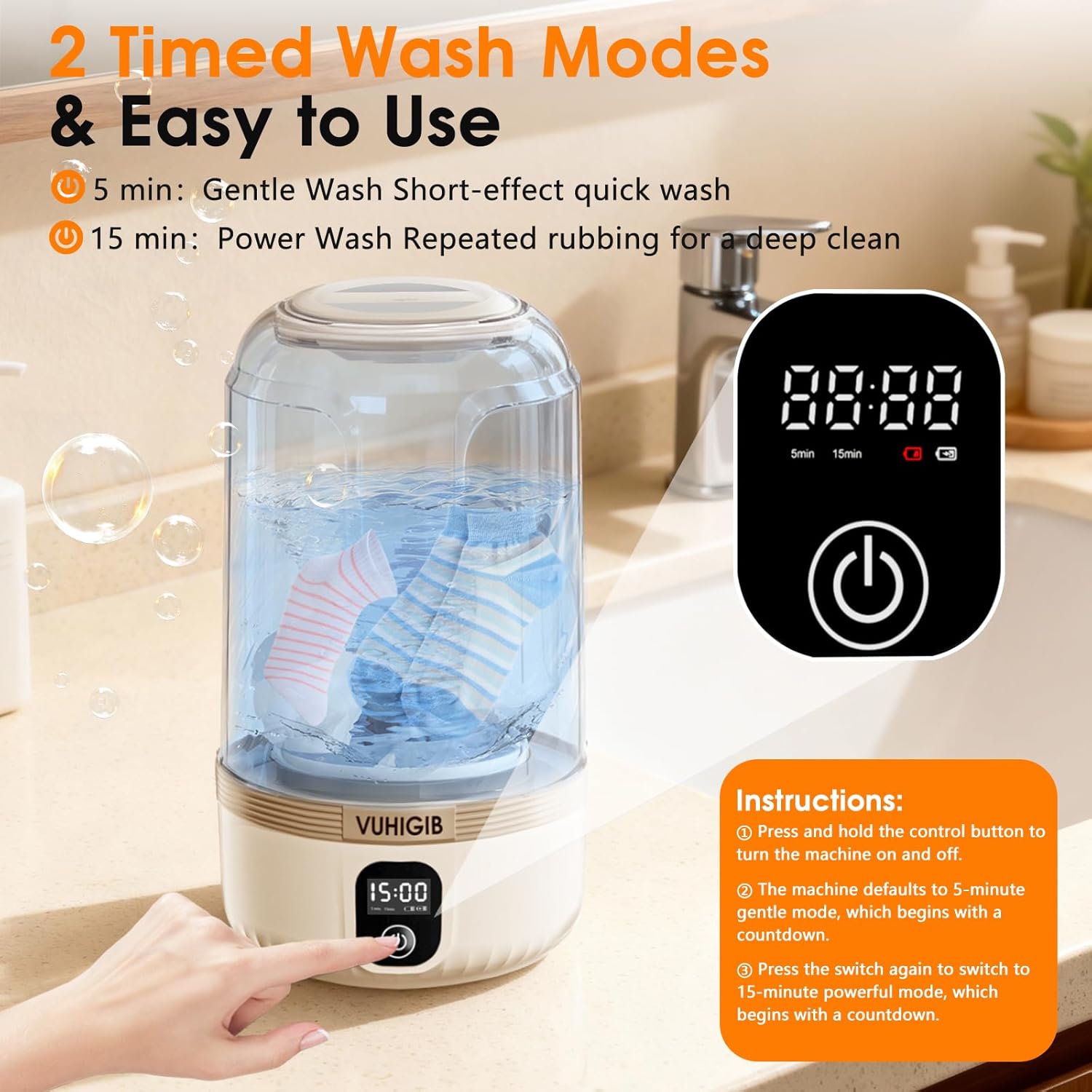 Portable Washing Machine, 7000mAh Rechargeable Wireless Washer with 10 PCS Clothespins Deep Cleans Baby Clothes Underwear Socks Delicates 1.5L Mini Washer for Travel Camping Dorm RV Apartment (Khaki)