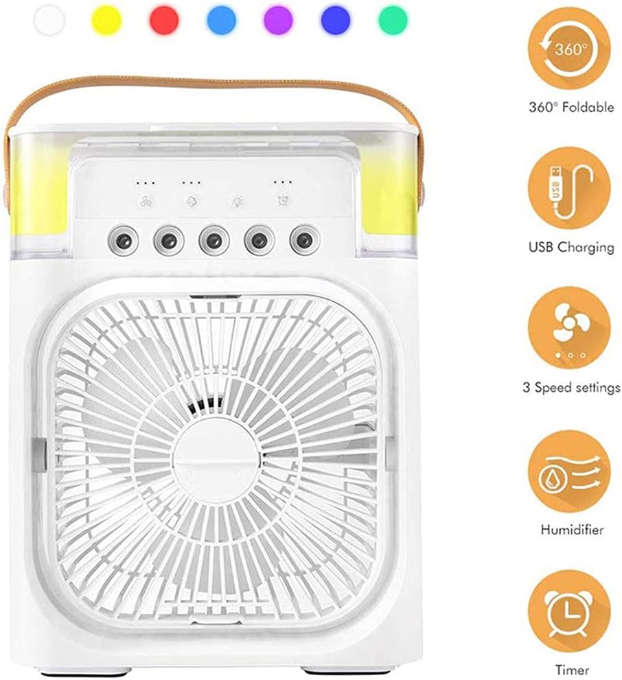 Portable Air Conditioner Fan Usb Desk Fan Mini Evaporative Air Cooler Fan with 7 Colors Lights Personal Air Cooler with Timer-White