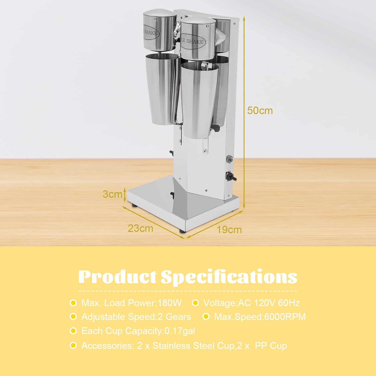 Electric Milkshake Maker, Commercial Stainless Steel Milk Shake Machine Drink Mixer Adjustable Speed Malt Maker Machine Smoothie Milk Foam Tea Mixer Blender + cups (2 Head)