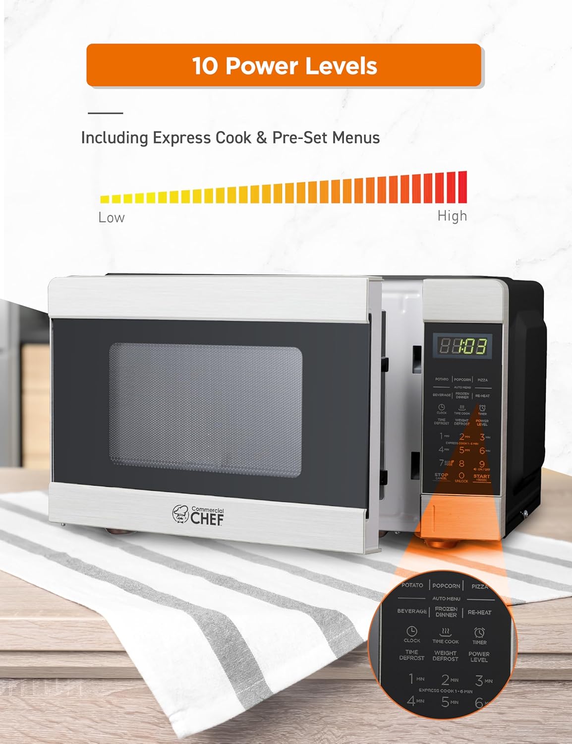 COMMERCIAL CHEF 0.9 Cu Ft Microwave with 10 Power Levels, Push Button and Child Lock, 900 Watt Microwave with Digital Controls, Countertop Microwave with Timer and Quick-Touch Menu, Stainless Steel