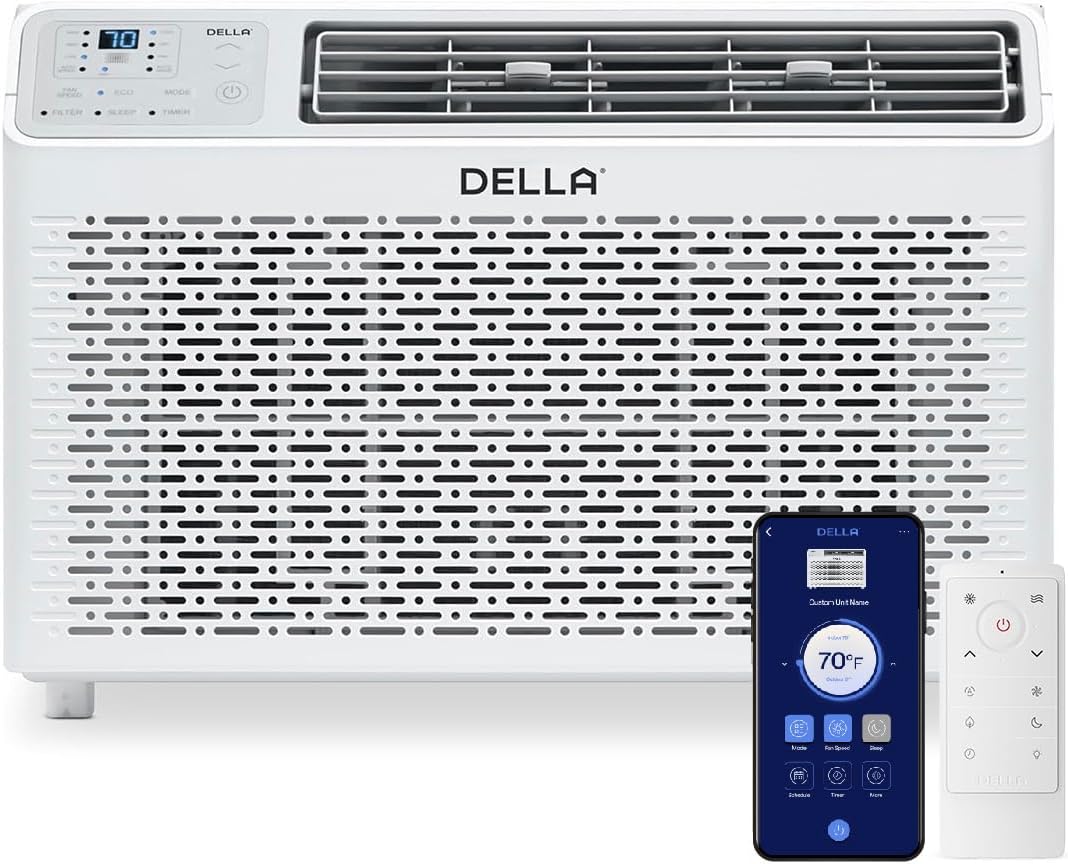 DELLA 10000 BTU Energy Saving Window Air Conditioner, Work with Alexa, Cools Up to 450 Sq. Ft, GEO Location, AC Unit with WIFI Smart Controls, Remote, Dehumidifier, Fan, Reusable Filter, Easy Install