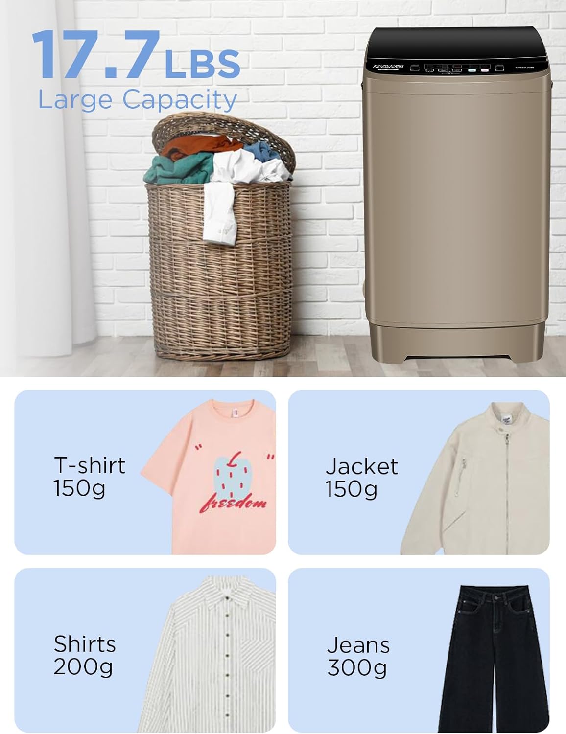 17.7 lbs Full-Automatic Washing Machine with LED Display, Laundry Washer with Drain Pump, 10 Wash Programs 8 Water Levels Washer & Spinner for Home, Apartment, Dorms, Gold