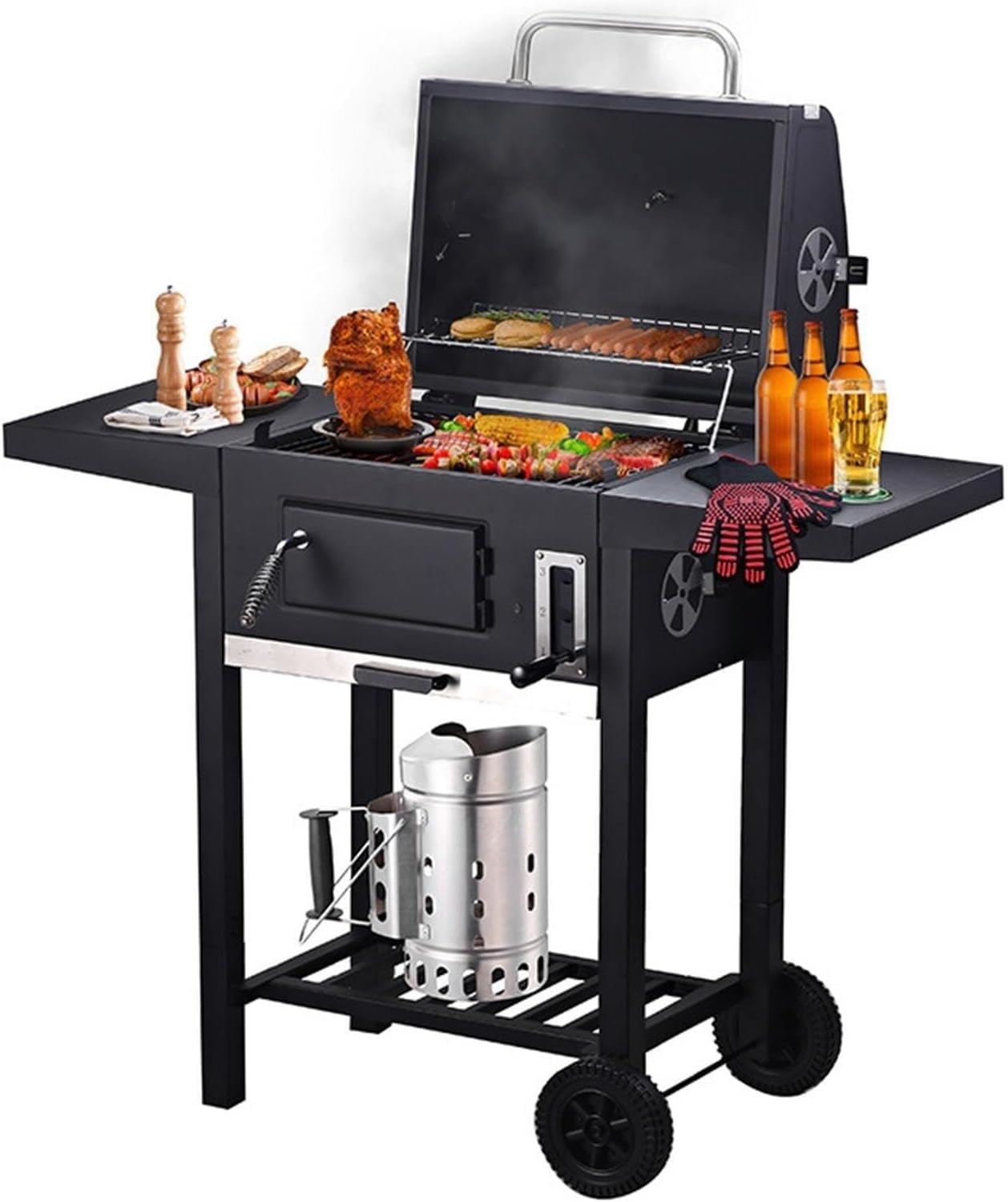 Outdoor BBQ Grill, Portable Charcoal Smoker with 2 Folding Side Tables, Thermometer, Adjustable Chimney, Wheels & Hooks