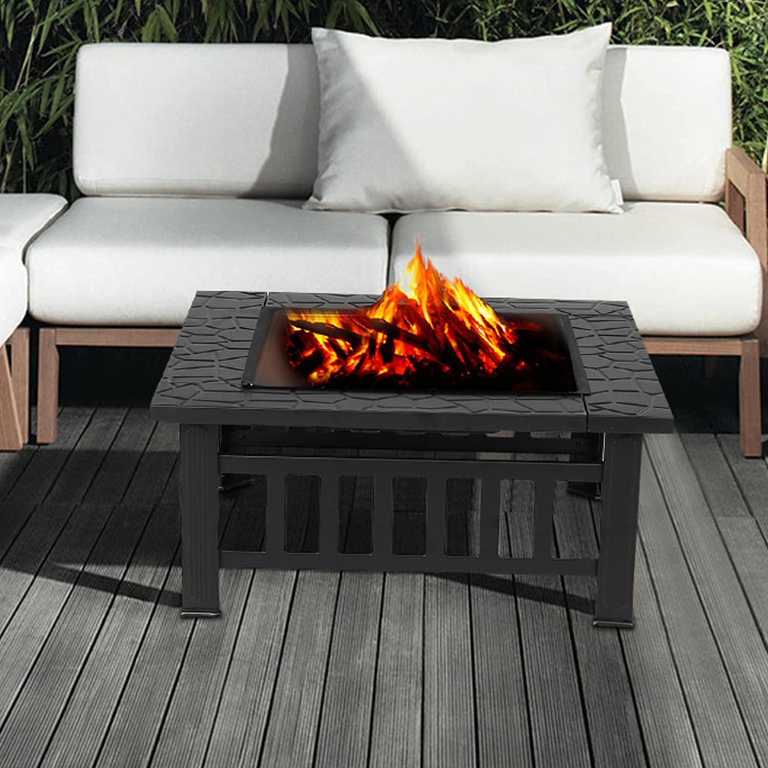 Multi-Function Square Stove,Fire Pit Table,Wood Burning Fireplace Bowl,W/Spark Screen,Poker,Rainproof Cover