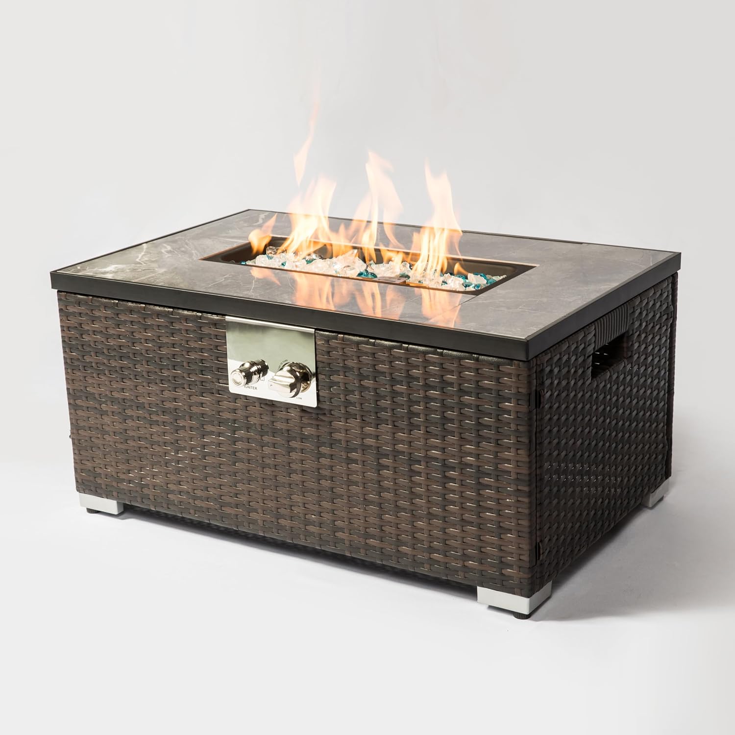 Luxurious 40000BTU Propane Gas Fire Pit Table with Ceramic Tabletop, Rectangular Rattan Outdoor Fire Table with Electronic Ignition, Stainless Steel Burner, Heat Cover, and Decorative Glass Rocks