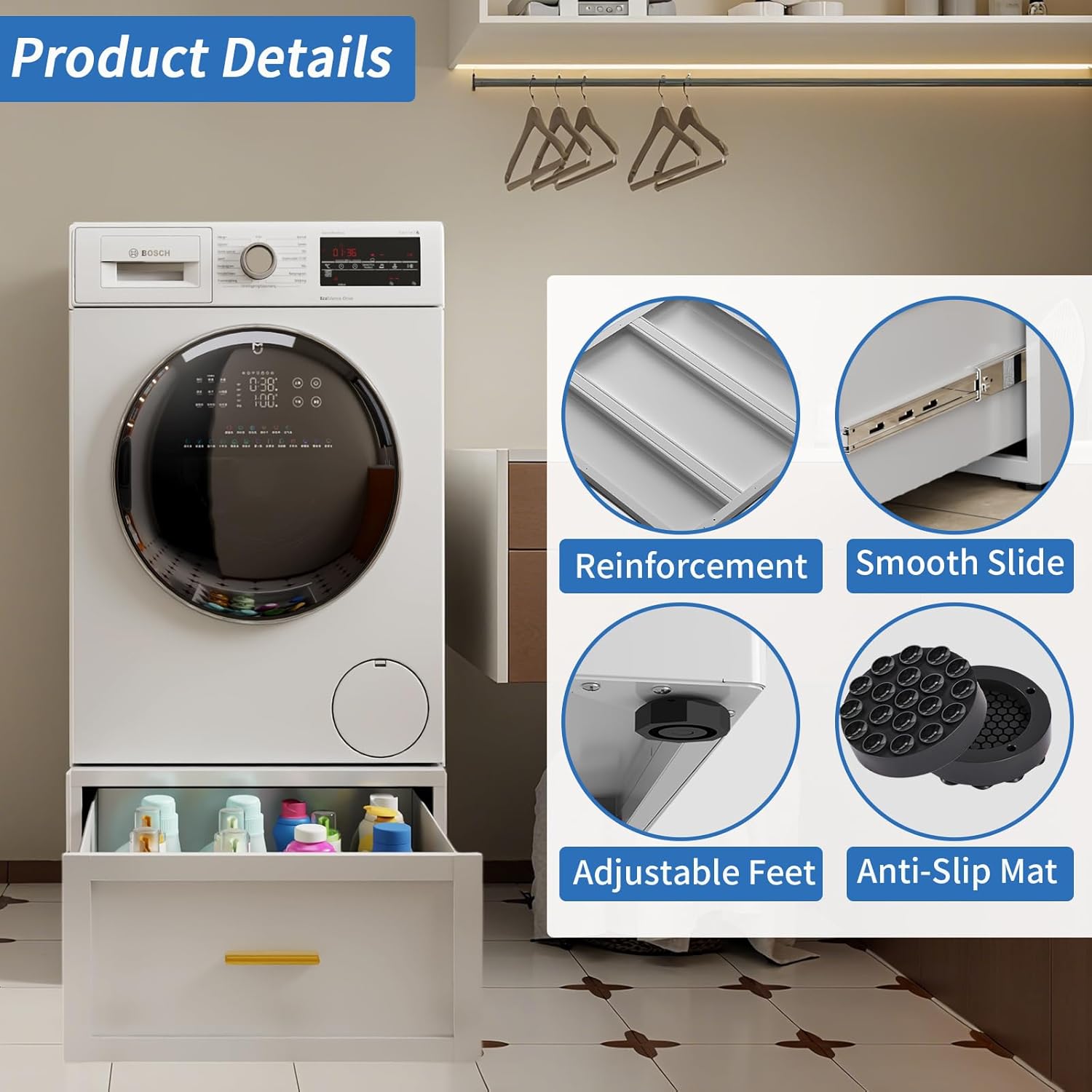 Washer Dryer Pedestals with Drawer, Metal Freestanding Washer and Dryer Pedestals, 440LBS Heavy Duty Anti-Vibration Washing Machine Stand, Universal Laundry Pedestal (WHITE)