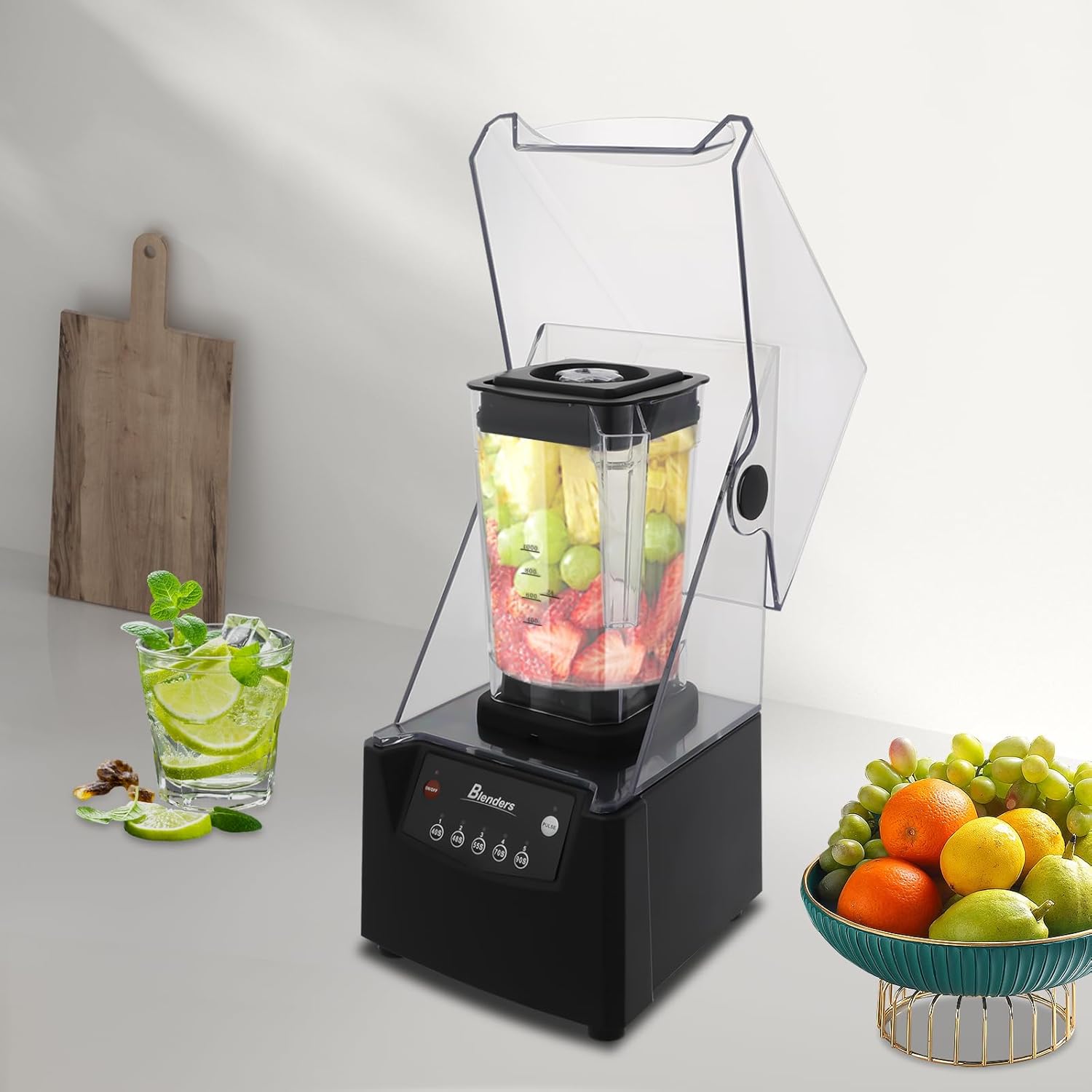 Soundproof Smoothie Machine 2600W High-Power Blender with Large 0.48Gal Capacity, Quiet Operation, 5 Time Settings (40S-90S), for Shakes, Juice, Ice Crushing