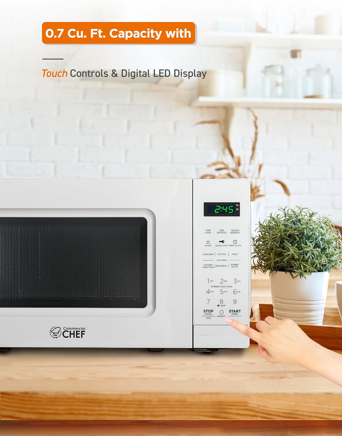 COMMERCIAL CHEF 0.7 Cu Ft Microwave with 10 Power Levels, 700W Microwave with Digital Display, Countertop Microwave with Child Safety Door Lock, Programmable with Push Button, White