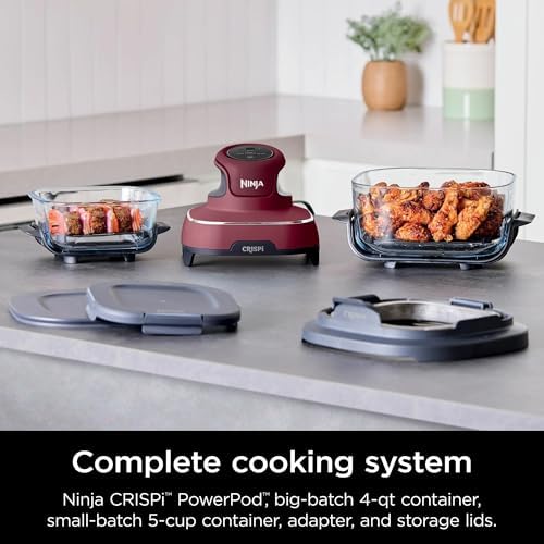 Ninja FN100RD Crispi Air Fryer, Microwave, Freezer & Dishwasher Safe, Non Toxic Glass Portable Cooking System, 4 QT & 5 Cup Glass Containers with Storage Lids, Easy Meals, Cherry (Renewed)