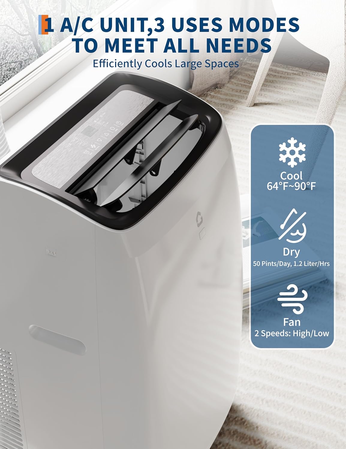 14000 BTU Portable Air Conditioner with Heat, 4 in-1 AC Unit with Fan, Dehumidifier & Heater, Cools & Sleep Mode for Rooms Up to 750 Sq.Ft, Remote Control & 24H Timer Windows Kit Included