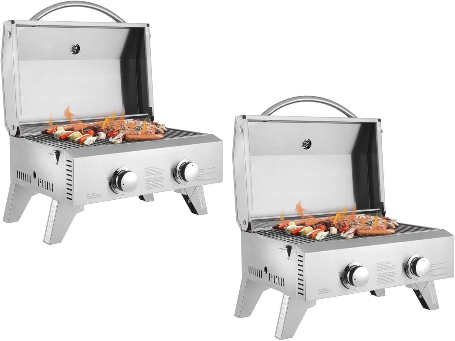 ROVSUN 2 Piece Portable Propane Gas Grill, 20,000 BTU Tabletop Grill Outdoor Cooking Stove with Foldable Legs,Regulator, 2 Burner Stainless Steel for Picnic Camping Trip, Tailgating, Patio Garden BBQ Home Use