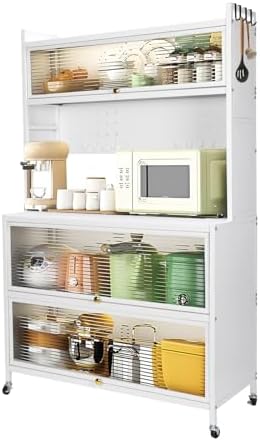 4-Tier Microwave Stand with Flip Door Storage Cabinet, Kitchen Baker's Rack, Standing Buffet Sideboard for Spices, Dishes, Pots, and Pans