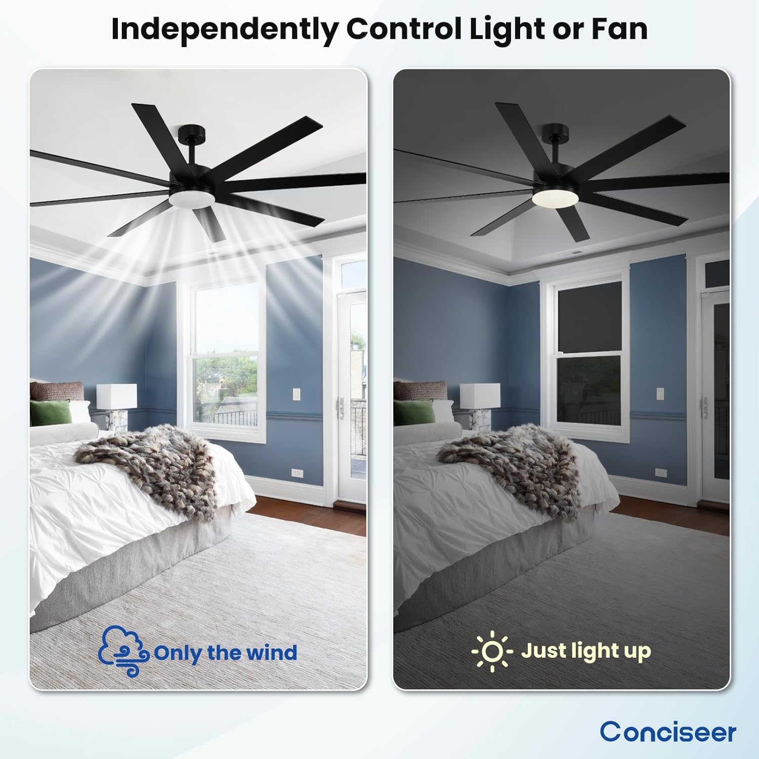 Modern 72 Inch Ceiling Fans with Lights and Remote, Dual Color 8 Blades,Living Room Office Library Cafe Outdoor Industrial, 24W 3CCT 6 Speed Reversible Quiet DC Motor, Black/Wood Grain
