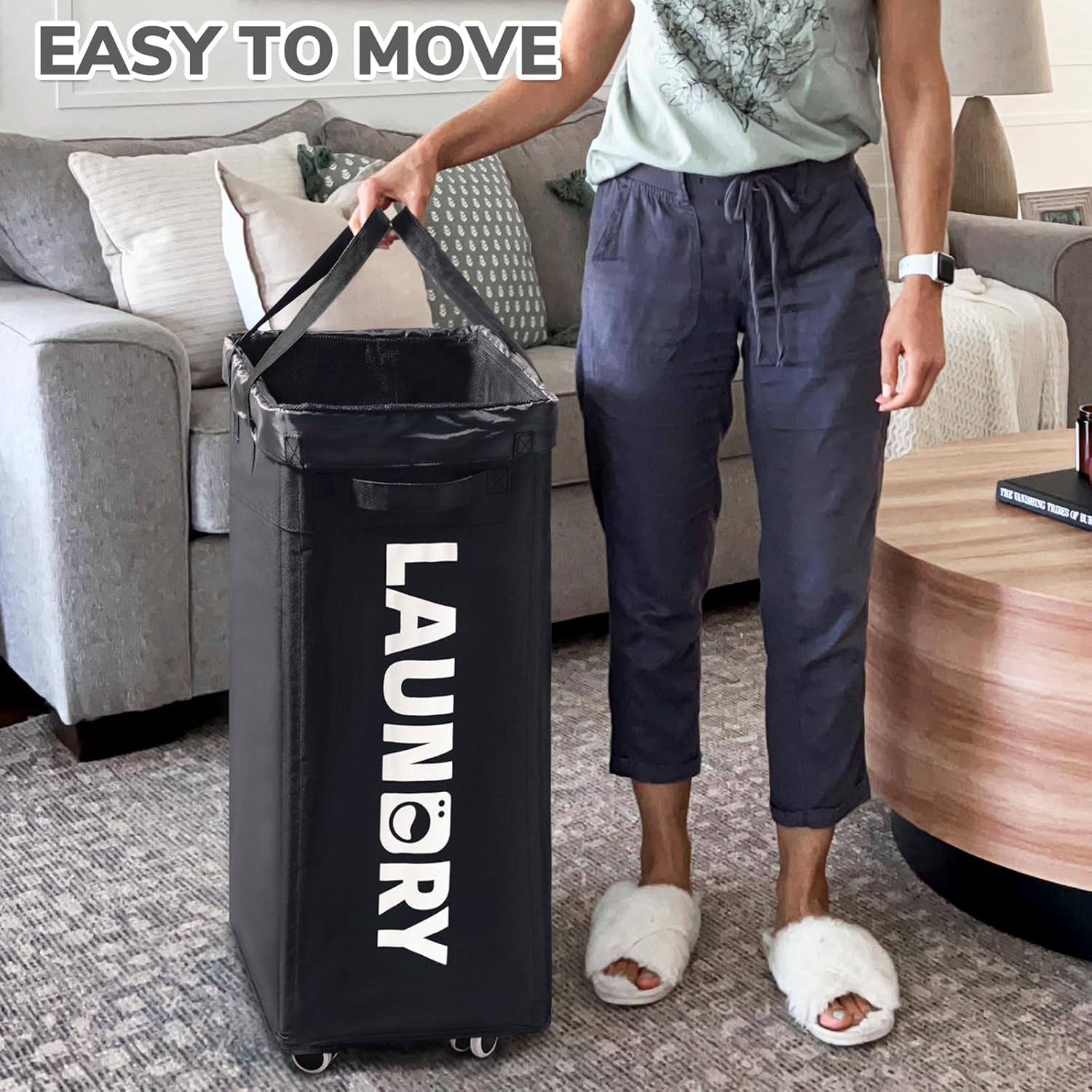 CHICVITA 2 Pack Laundry Hamper with Wheels & Removable Wash Bags, 75L Tall Laundry Basket for Dorms, Large Collapsible Hamper for Corner Spaces - Black