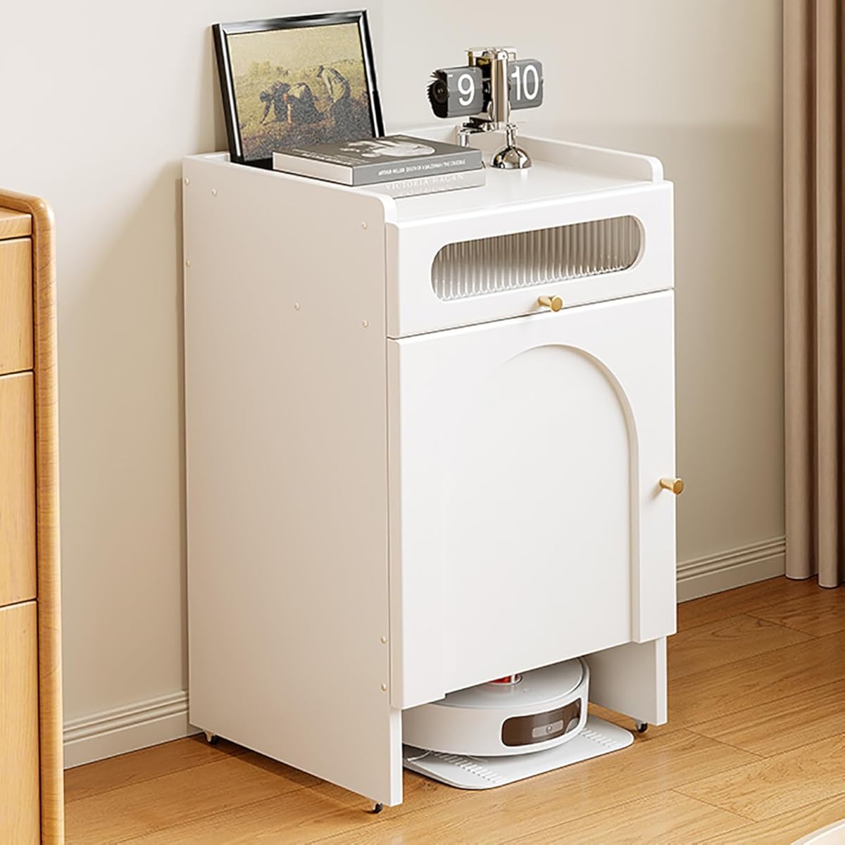 Modern Robot Storage Rack, Robot Vacuum Cleaner Storage Cabinet with Drawers Door and Silent Rollers, Organizer Shelf for Living Room, Dining Room, Kitchen, Office(Color B)