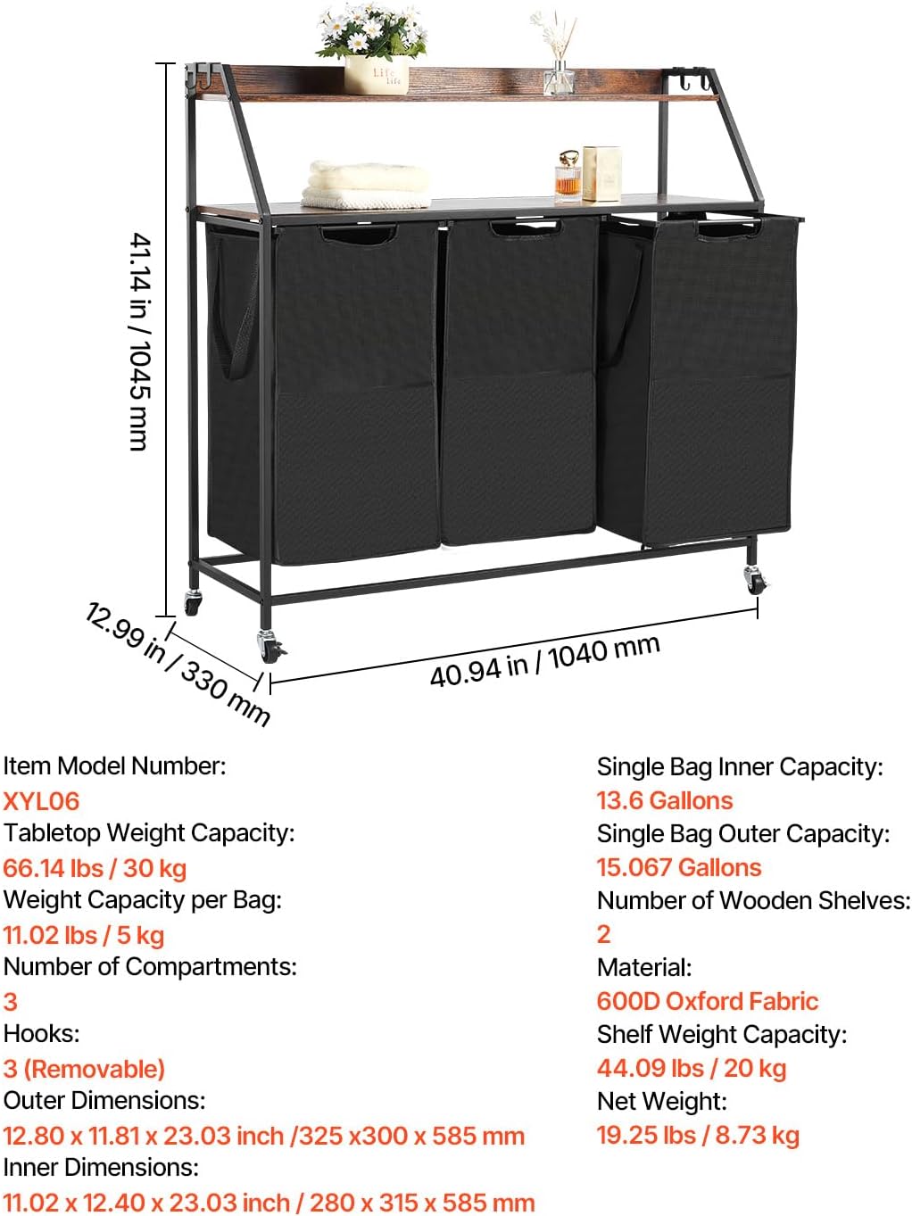 VEVOR 2 Tiers Laundry Sorter, Tall Laundry Hamper with Metal Frame and Wooden Tabletop, 3 Section Rolling Basket Organizer Storage with Ladder Shelves and 600D Oxford Cloth Bags for Dirty Clothes
