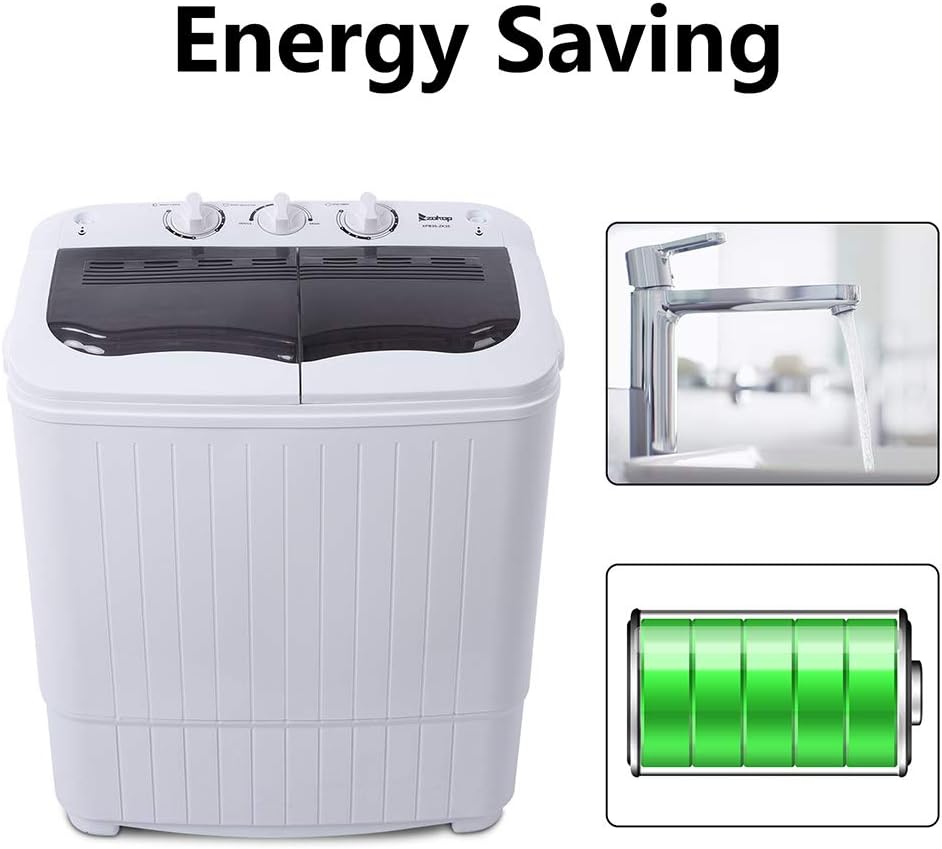 Compact Mini Twin Tub Washing Machine, Portable Laundry Washer w/Wash and Spin Cycle Combo, Built-in Gravity Drain, 14lbs Capacity for Camping, Apartments, Dorms, College Rooms, RV’s and more
