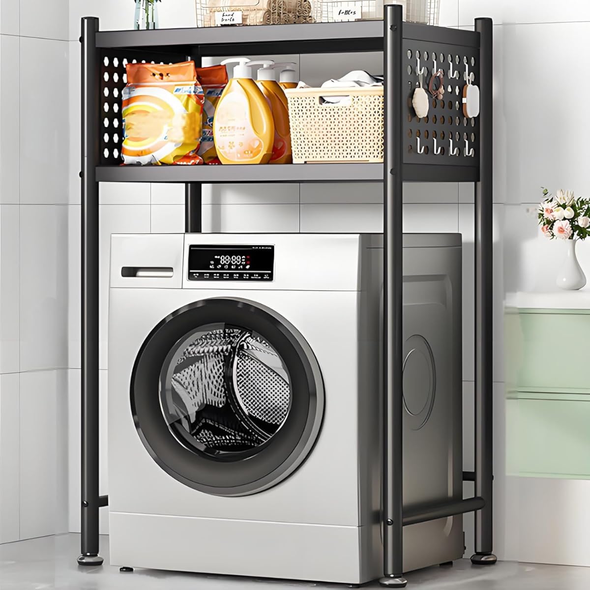 3 Tiers Over Washer and Dryer Shelves, Steel Washer-Dryer Stacking Rack Stand with Wheels, All Steel Laundry Room Organizer Standing Shelf with Perforated Board for Bathrooms, Bedroom, Balcony(Black,7