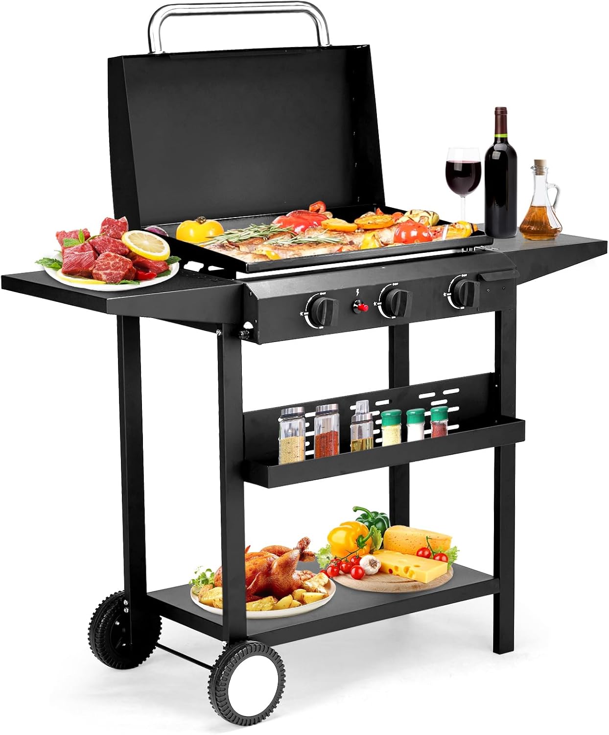 3 Burner Gas Griddle Cooking Station Cart with Side Shelves and Spice Rack, 30,000 BTU Propane Griddle, Non Stick Ceramic Coated Flat Top Portable Grill for Outdoor Barbecue and Backyard Cookout Black