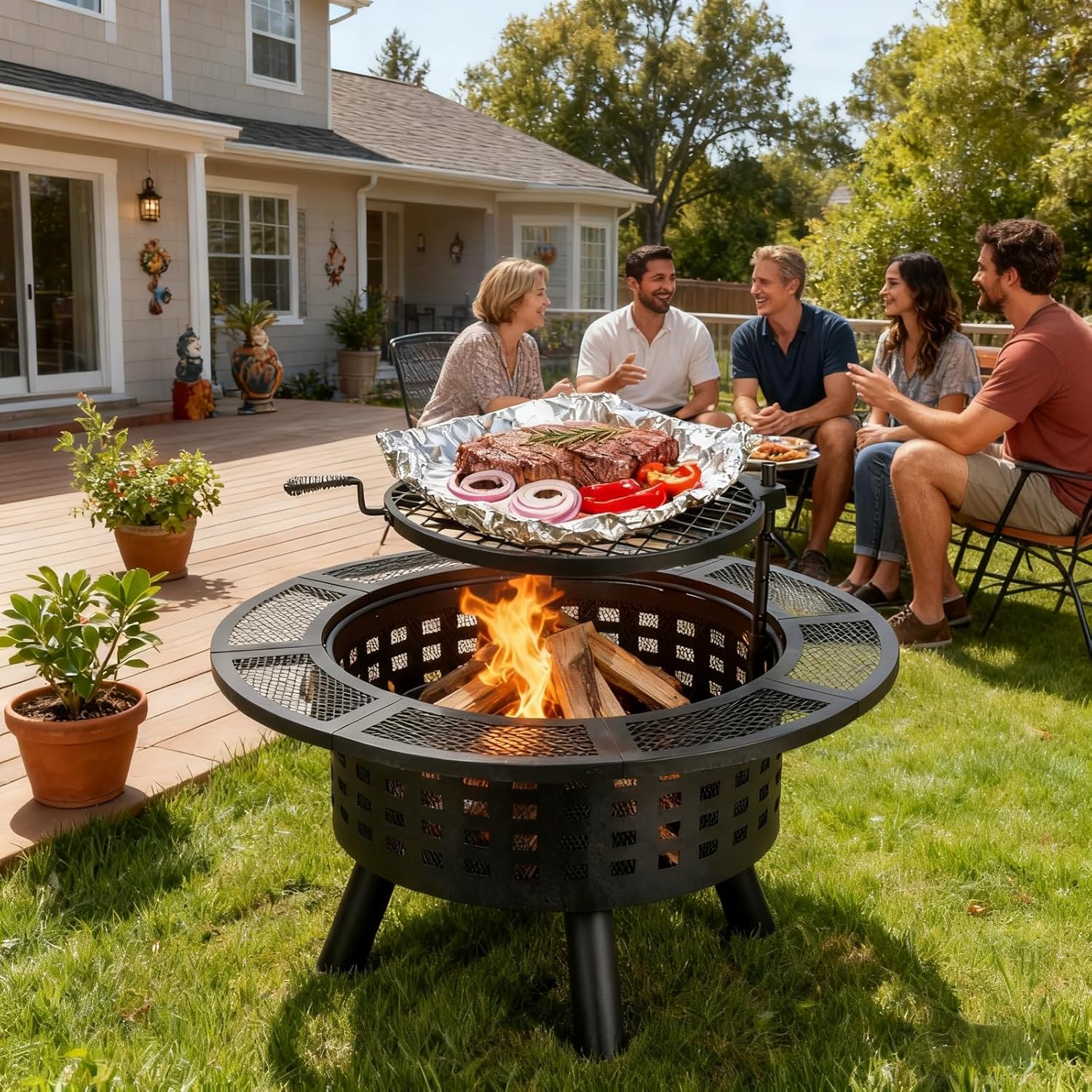 36 inch Outdoor Fire Pit with Grill,Wood Burning Firepits for Outside with Lid & Fire Poker,Metal 3-in-1 Fire Pit Table with Cooking Grate,Outdoor Fireplaces for Bonfire,Yard,BBQ（Jet Black）