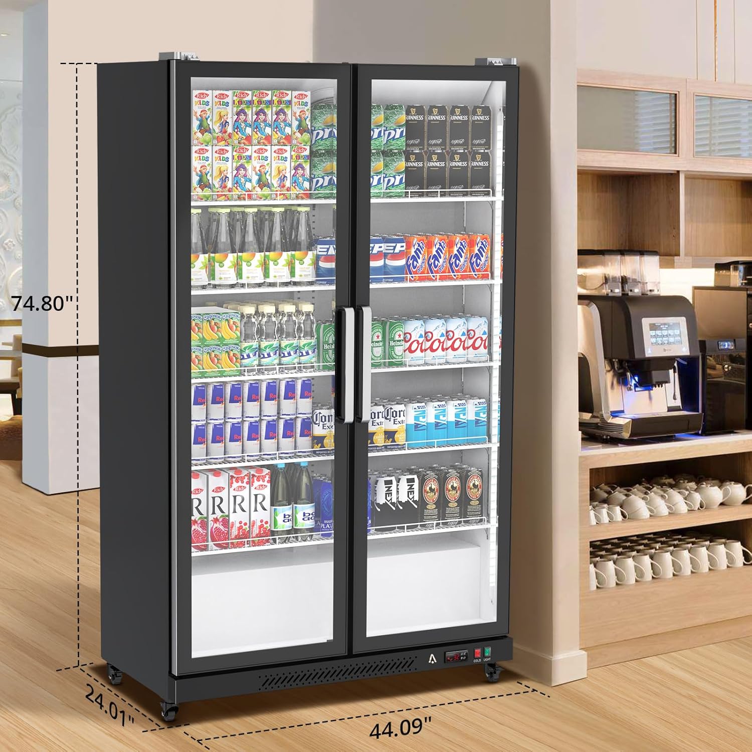27.1 Cu.Ft Commercial Display Refrigerator Merchandiser, Glass Door Display Refrigerator with LED Light, 10 Adjustable Shelves, Beverage Cooler for Cafe Restaurant Store Bar