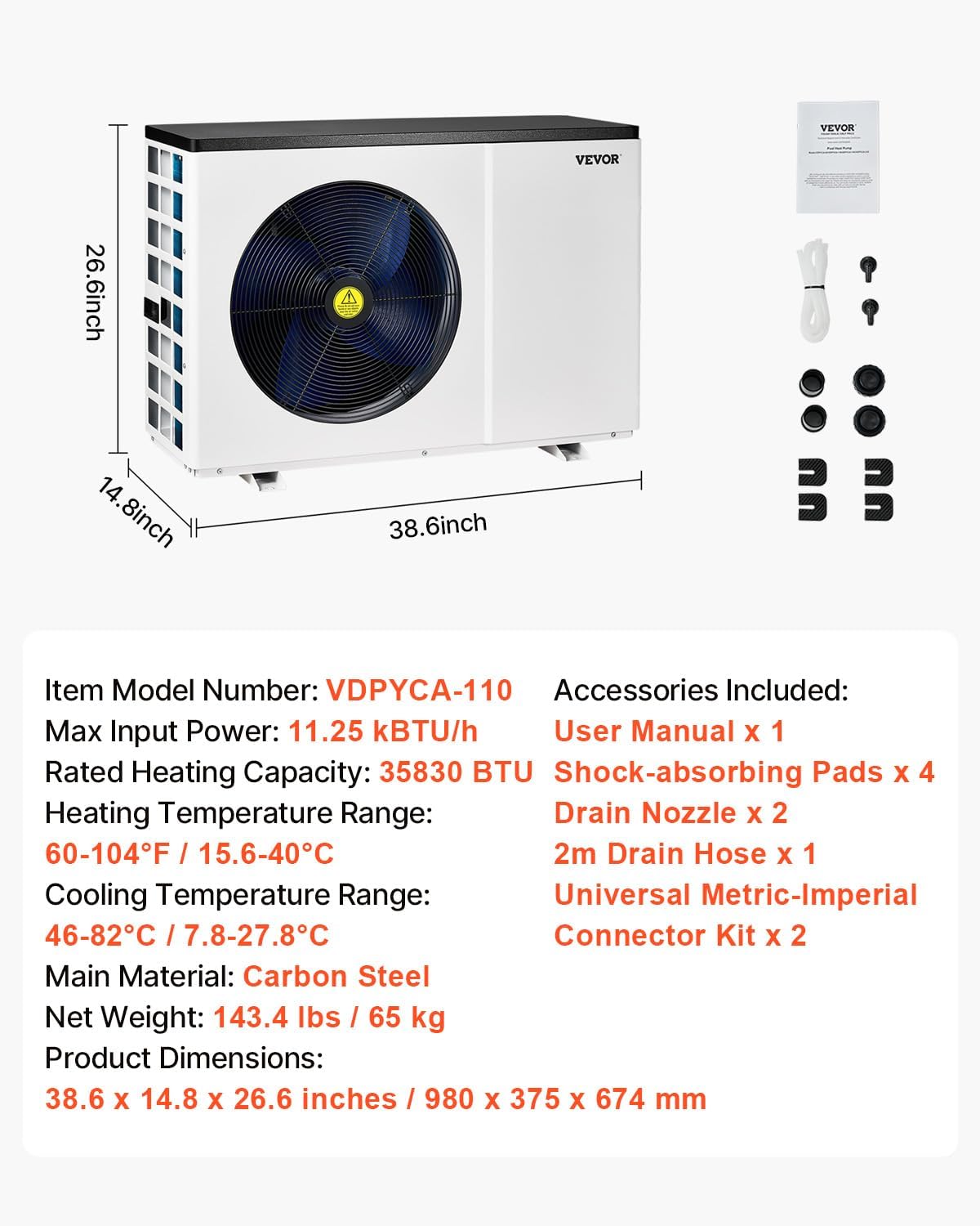 VEVOR Electric Pool Heat Pump, 35,830 BTU, Fits 6,605-13,209 Gallon Above & In-Ground Pools, Low Noise Heating & Cooling, Energy-Saving Water Heater AC208-230V 60Hz