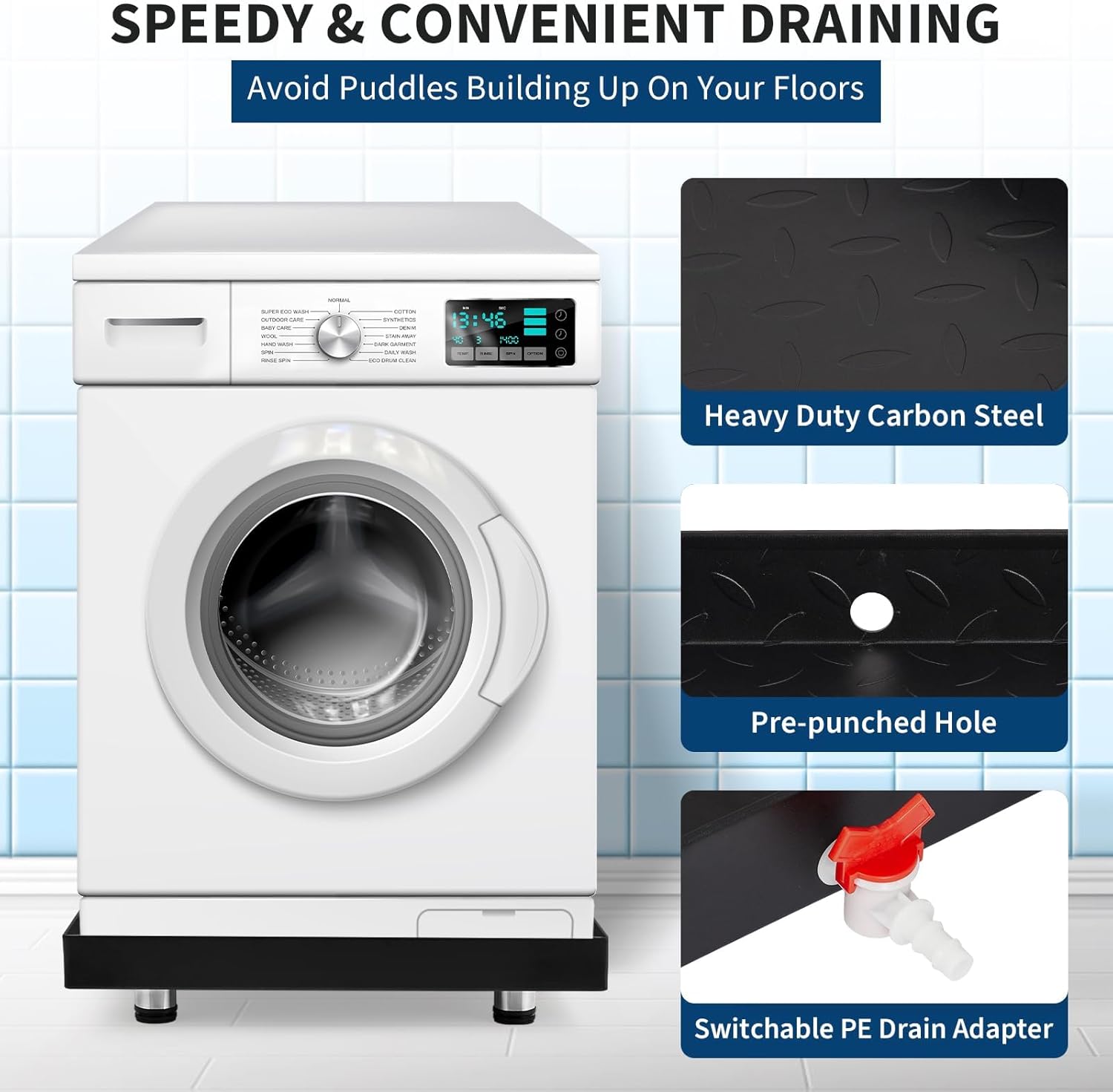 GarveeTech 2025 NEW Heavy-Duty Carbon Steel Washing Machine Pan with Connector & Hole - 27 in x 25 in × 2 in Rust-Free Water, with 4 Anti-Vibration Feet, Protects Floor From Water Damage Protection