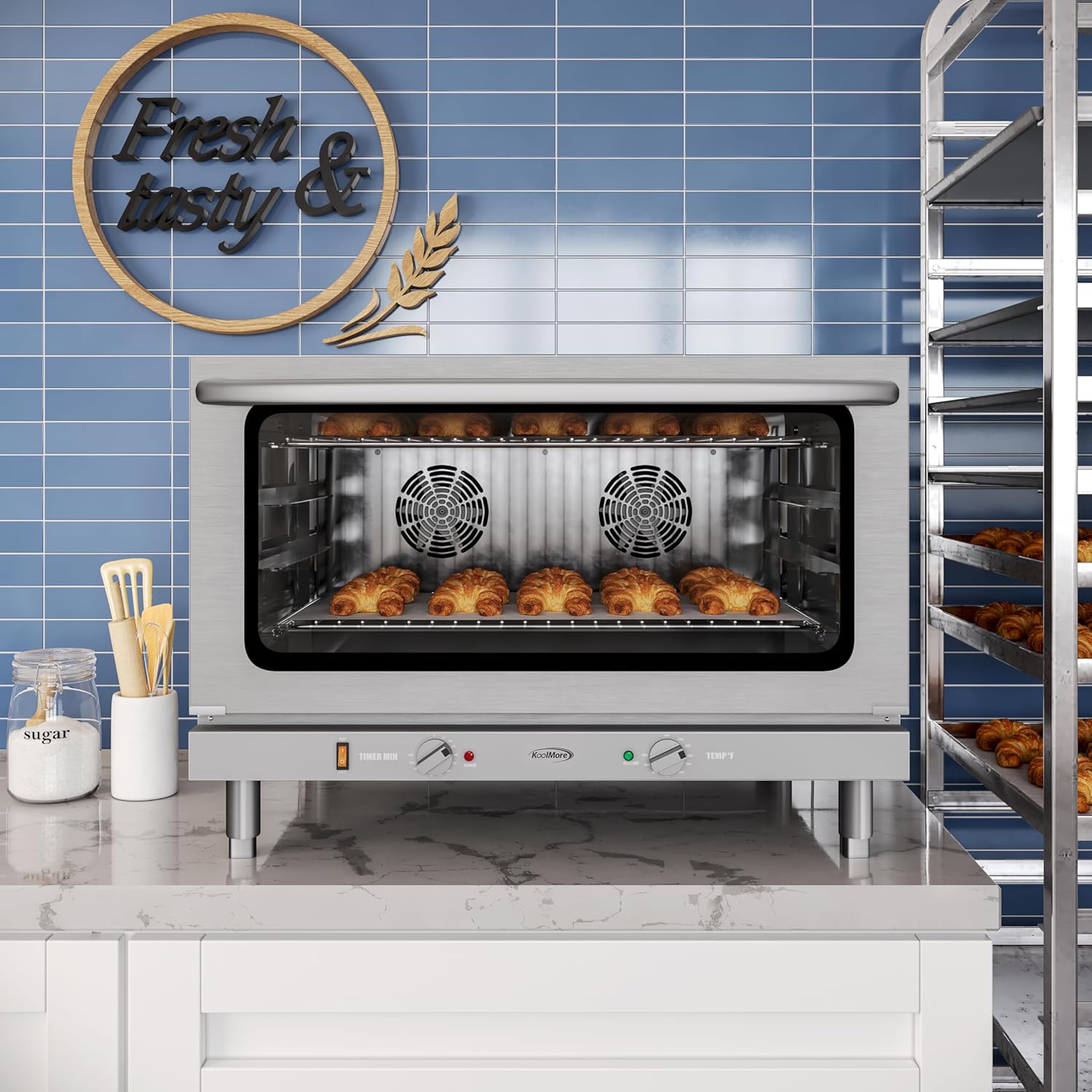 KoolMore 32 in. Commercial Countertop Convection Oven, Holds Full Size Pans, 4 Racks and 3500W of Power, 240V in Stainless-Steel, ETL Listed for Safety and Sanitation (KM-CTCO-44)