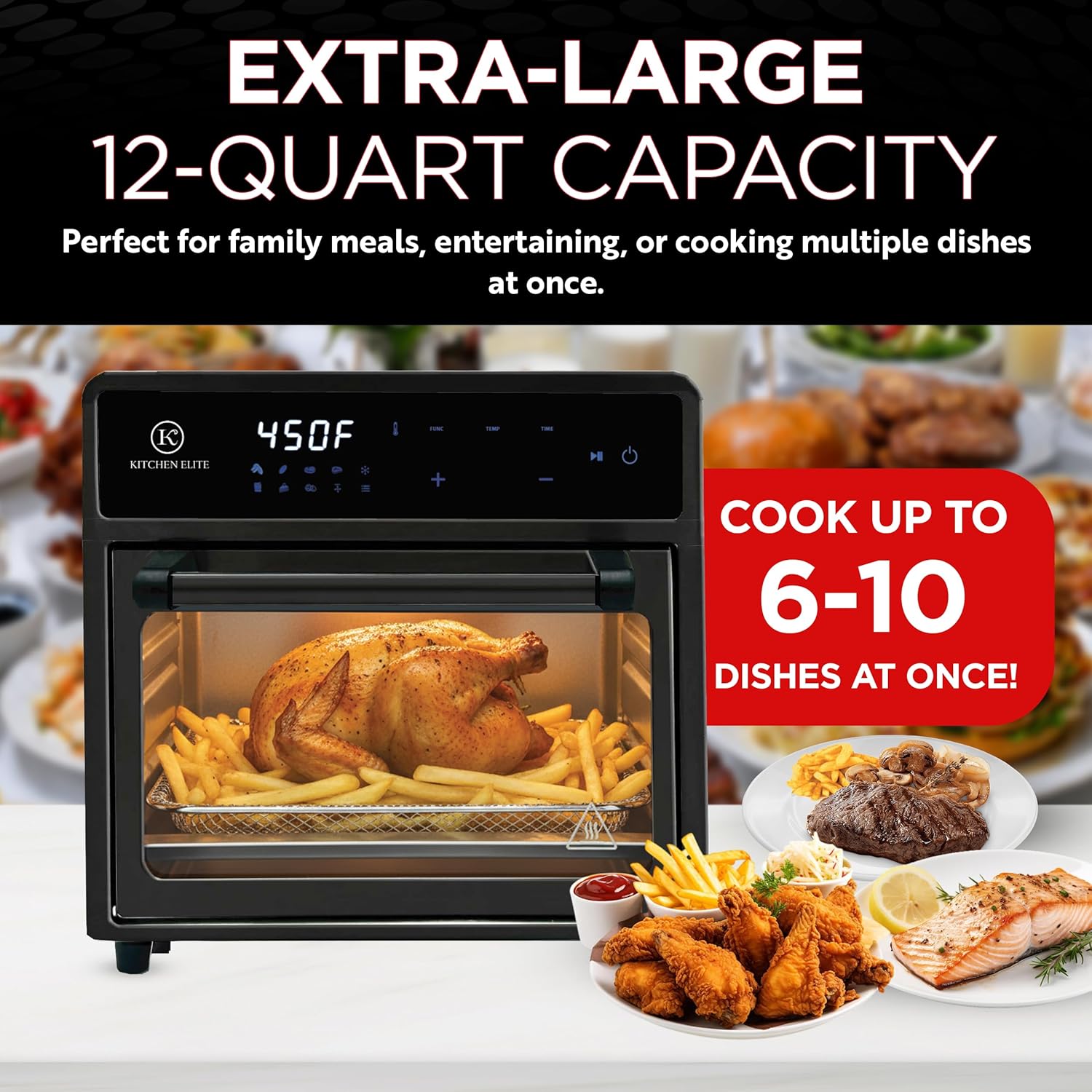 Kitchen Elite Air Fryer Toaster Oven Combo,10-in-1 12.6QT Compact Countertop Oven,9 Touch Screen Presets & 1 DIY Function,Easy Digital Controls,4 Accessories Included (Black)