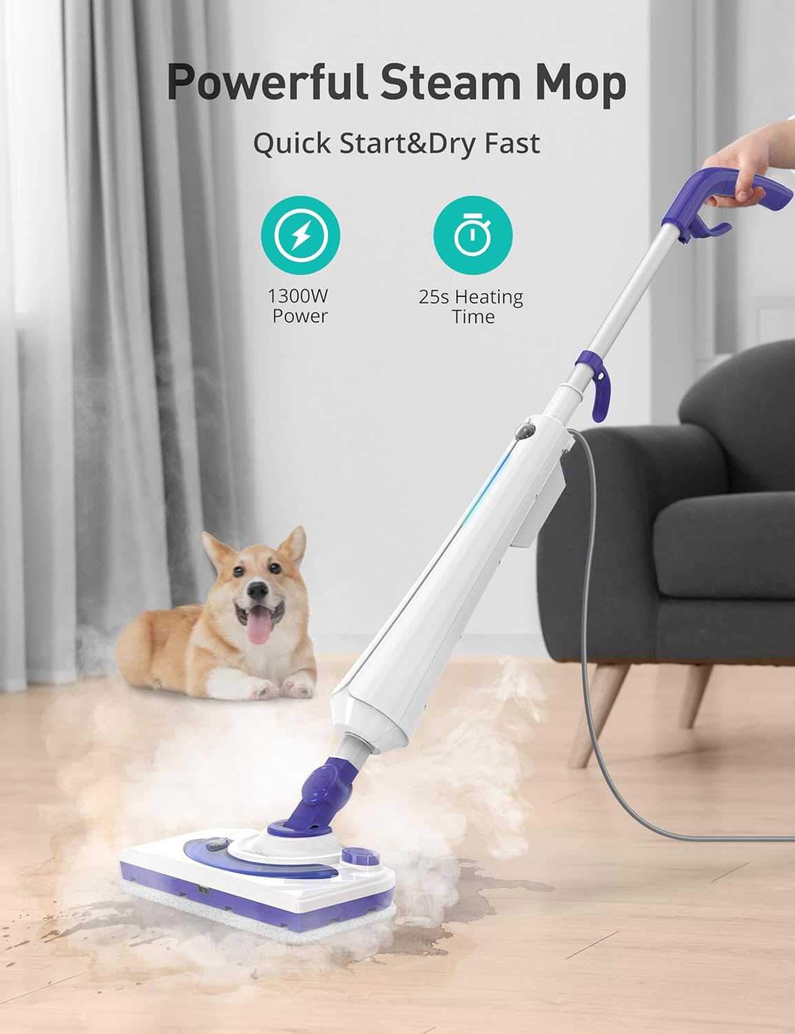Professional Steam Mop Cleaner, 1300W Floor Steamer with Detergent Chamber, 25S Heat Up, Lightweight Steamer for Cleaning with 2 Washable Pads, Safe for Tiles, Upholstery, Carpet, Hardwood, Sapphire